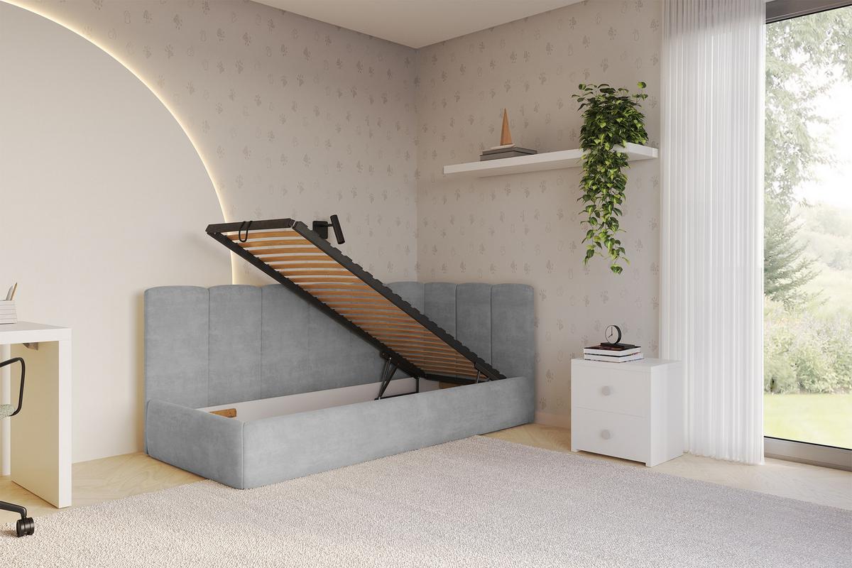 EINZELLBETT Jugendbett mit Bettkasten und Matratze H3/H4, Links - DEXY 100x200 Grau - Hellgrau, Holzwerkstoff/Textil (100/200cm) - ALTDECOR