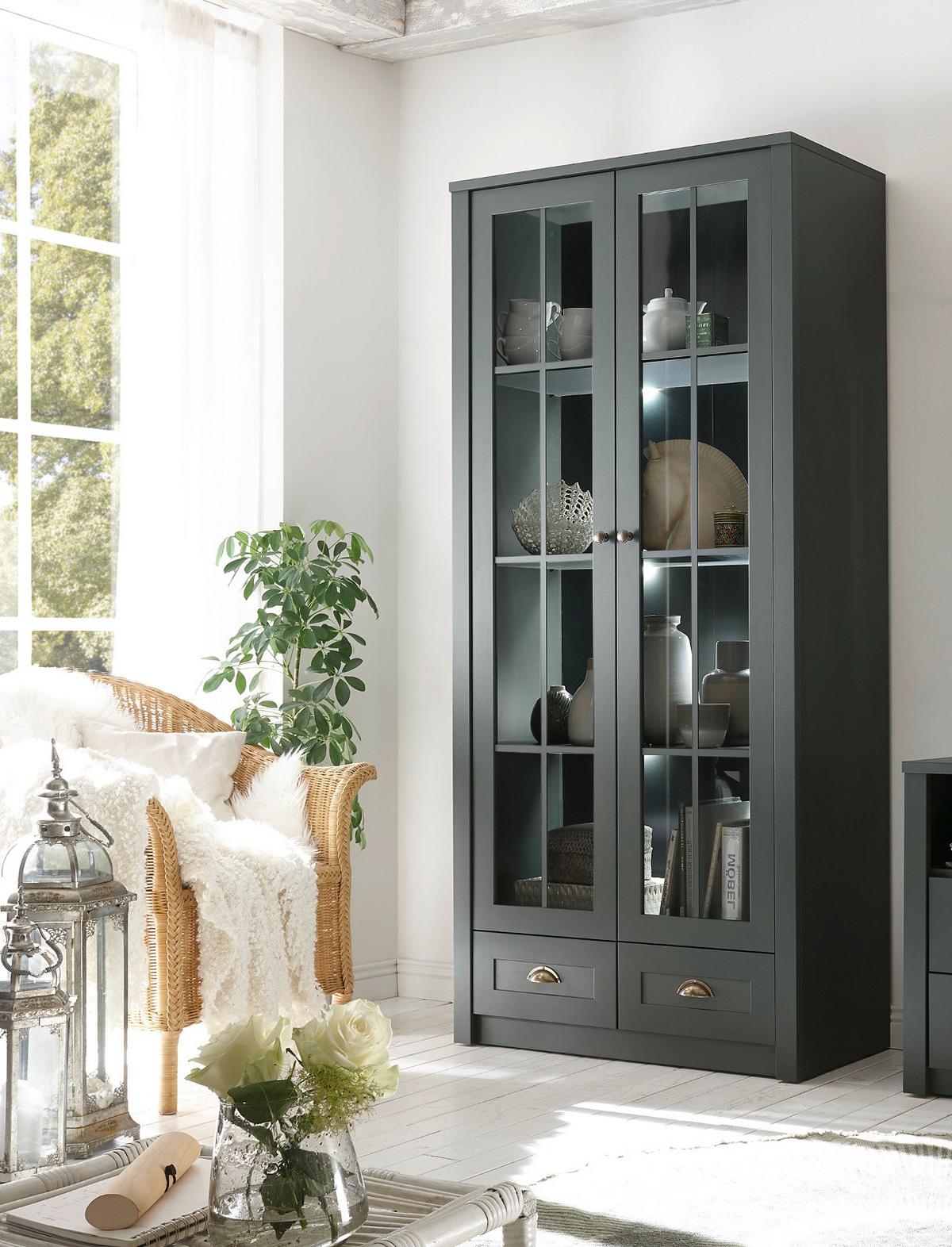 VITRINE grün Landhaus 90 x 197 cm, Vitrinenschrank für Wohn- und Esszimmer - Chromfarben/Schwarz, Glas/Holzwerkstoff (90/197/43cm) - Furn.Design