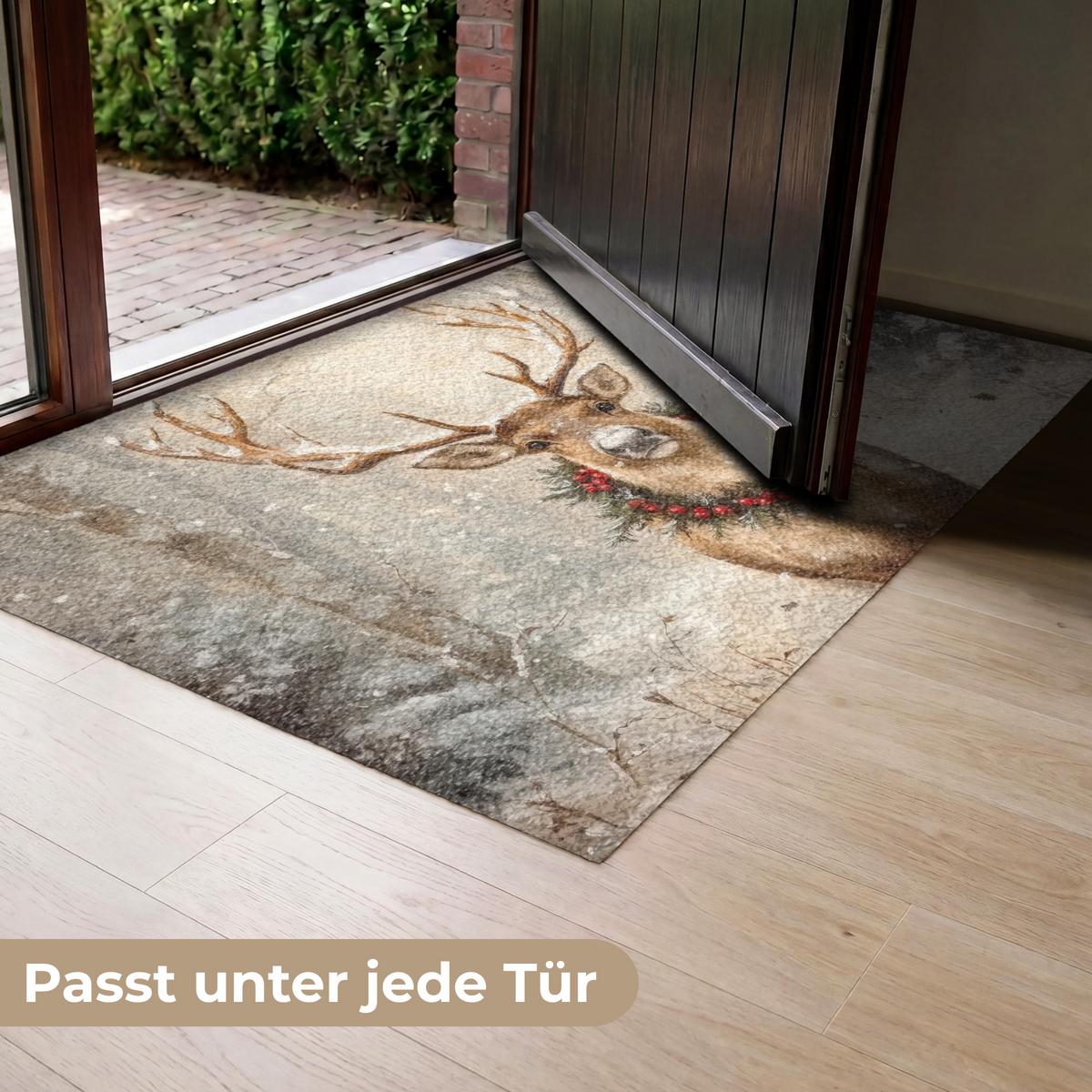 FUSSMATTE Weihnachten - Rentier - Winter - Kranz Flurteppich 120x80 cm - Braun, Kunststoff (120/0.4cm) - MuchoWow