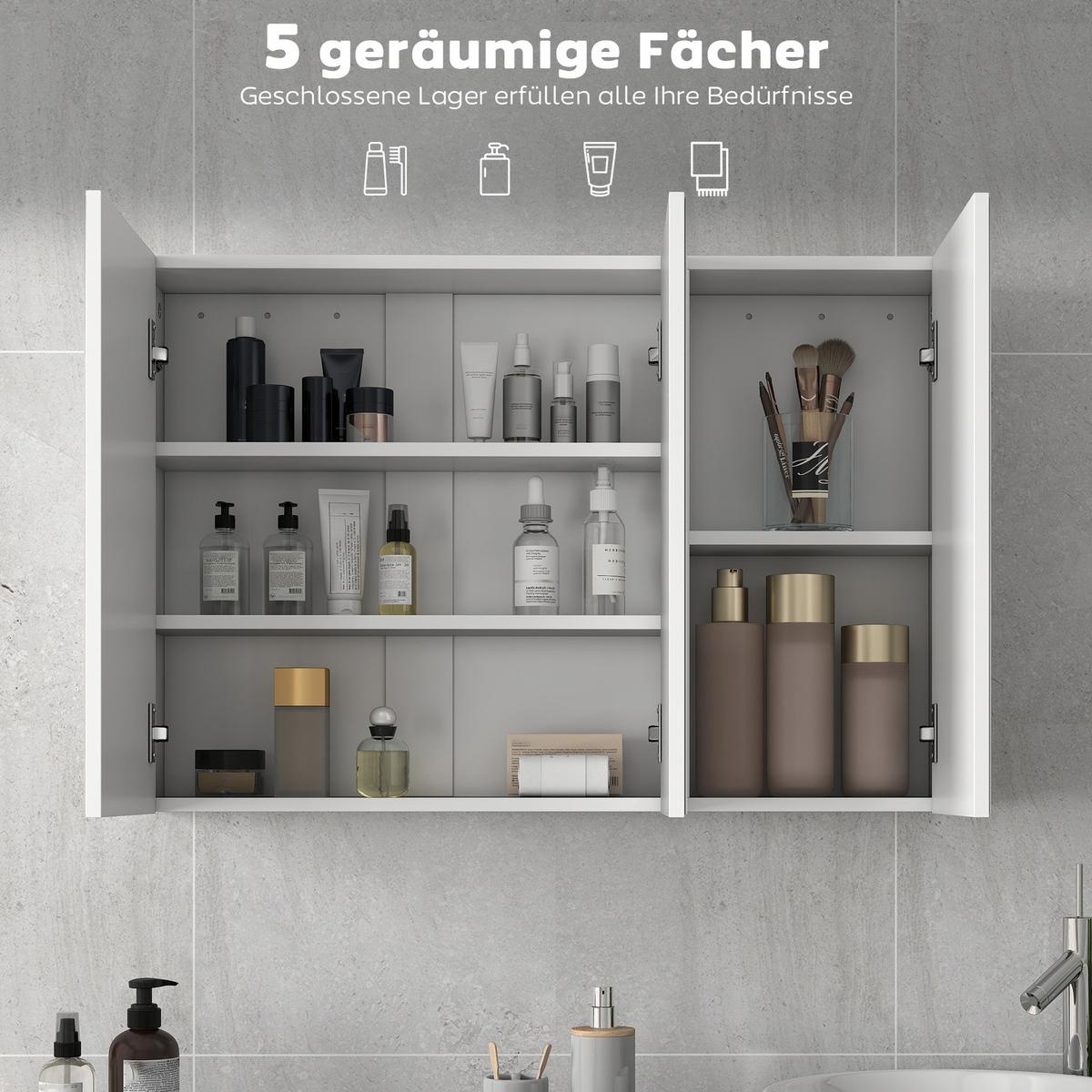 SPIEGELSCHRANK Bad mit 3 Spielgeltüren, Badezimmerschrank mit 5 Regale - Weiß, Holzwerkstoff (90/60/15.5cm) - HOMCOM