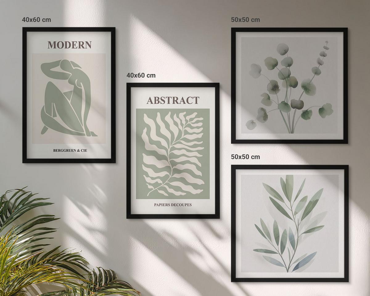 BILDER SET 4er Set - 50x50 cm & 40x60 cm Schwarzer Rahmen - Matisse entwirft Boho-Pflanzen - Schwarz, Kunststoff (50/50cm) - TULUP