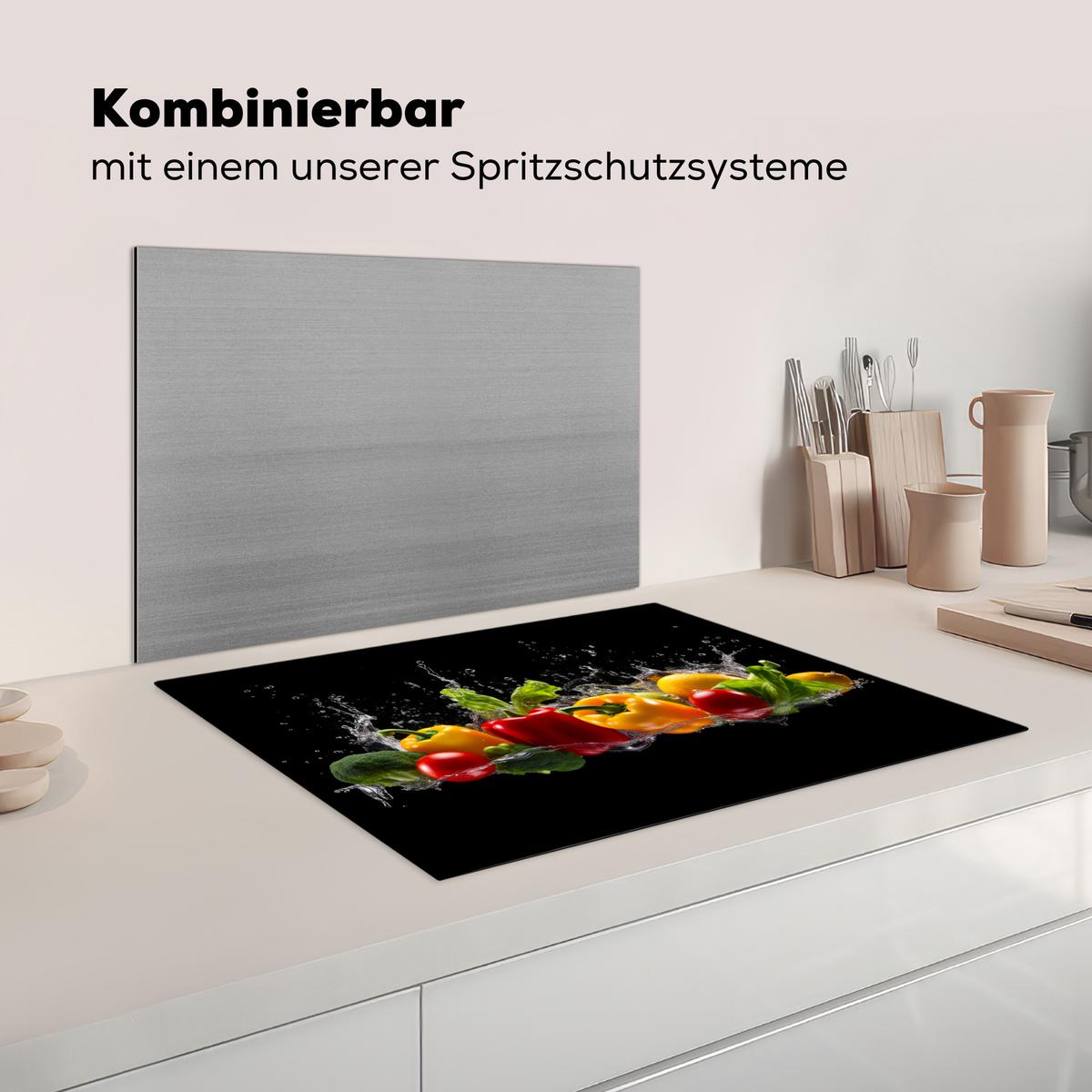 HERDABDECKPLATTE Paprika - Wasser - Gemüse - Schwarz Induktionsmatte 71x52 cm - Multicolor, Kunststoff (71/52/0.2cm) - MuchoWow