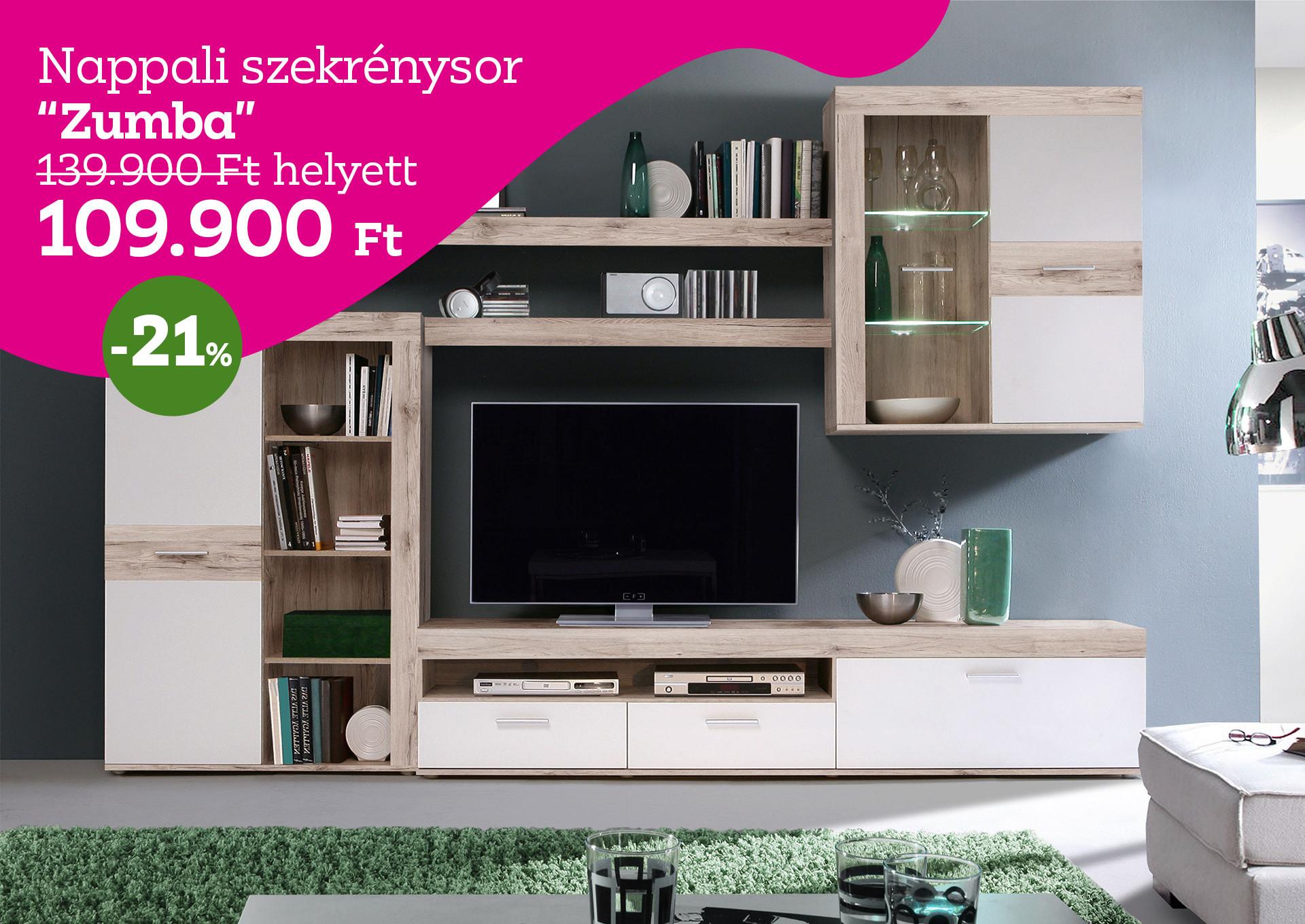 Nappali szekrénysor Zumba 139900 Forint helyett 109900 Forint kedvezmény mértéke 21%