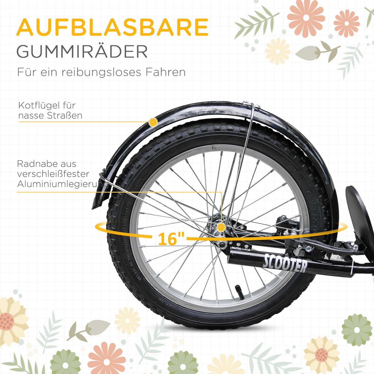 KINDER Roller Höhenverstellbar Tretroller mit groß Gummirädern, 2 Bremsen Orange - Orange, Metall (139/58/96cm) - HOMCOM