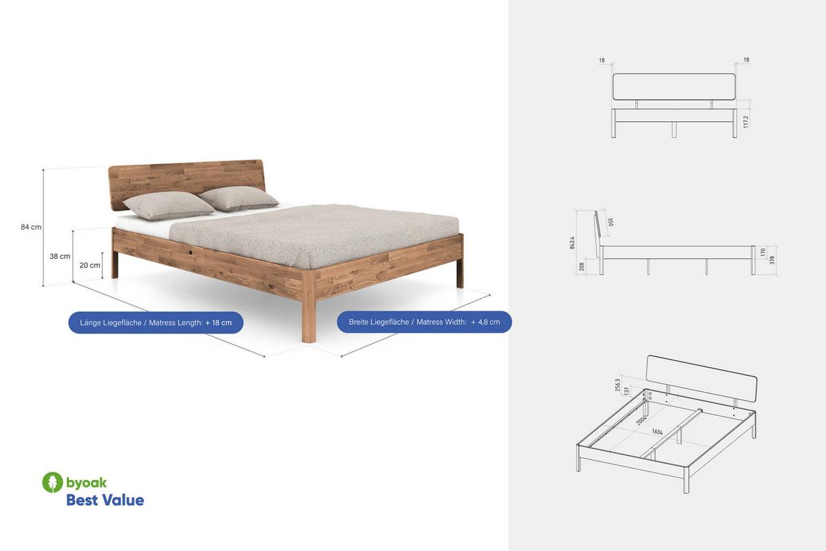 MASSIVHOLZBETT PENNY 140x200 MIT HOLZKOPFTEIL Wildeiche - Wildeiche, Holz (140/200cm) - byoak