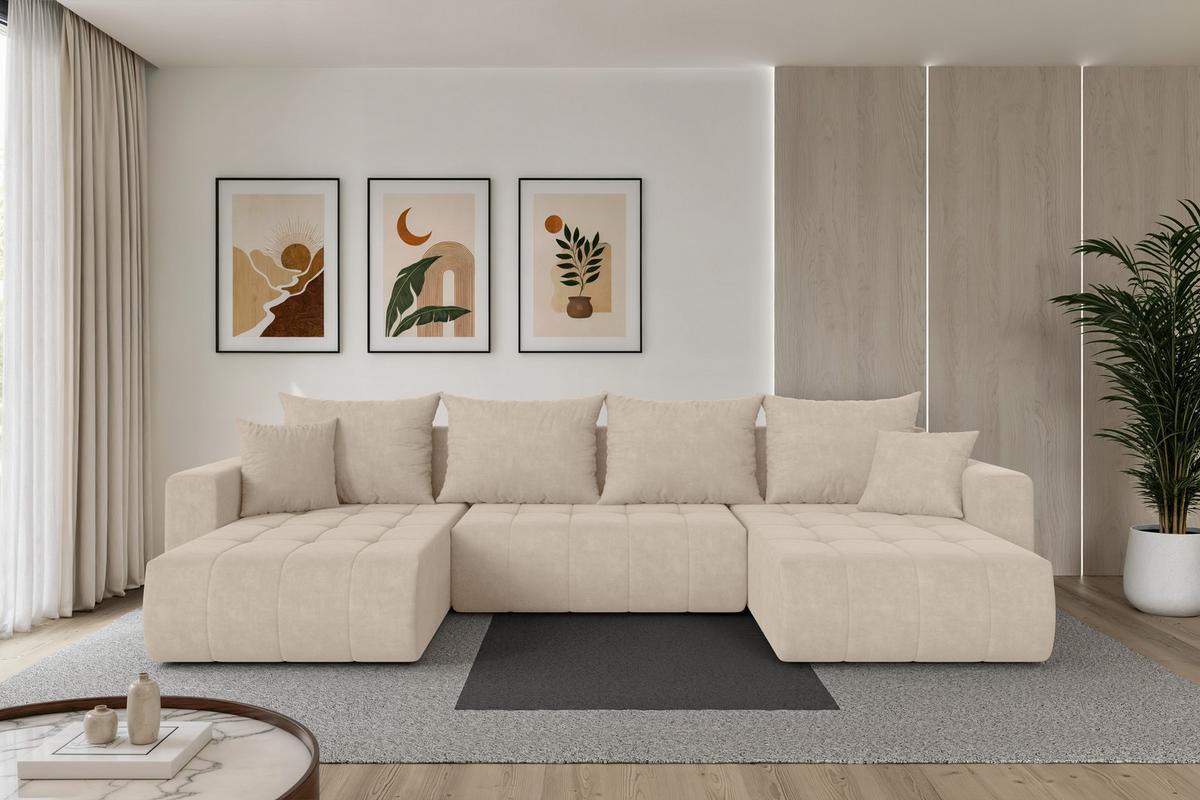 WOHNLANDSCHAFT mit Schlaffunktion und Bettkasten MILA-U 378x194x86 Beige Velours - Schwarz/Sahara, Holzwerkstoff/Kunststoff (378/86/194cm) - ALTDECOR