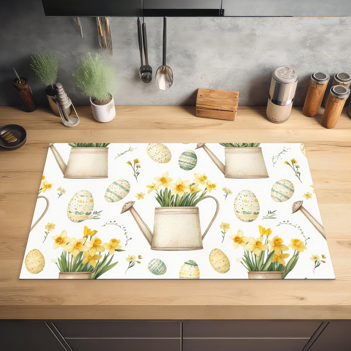 HERDABDECKPLATTE Gießkanne - Blumen - Eier Induktionsmatte 83x51 cm - Weiß, Kunststoff (83/51.5/0.2cm) - MuchoWow