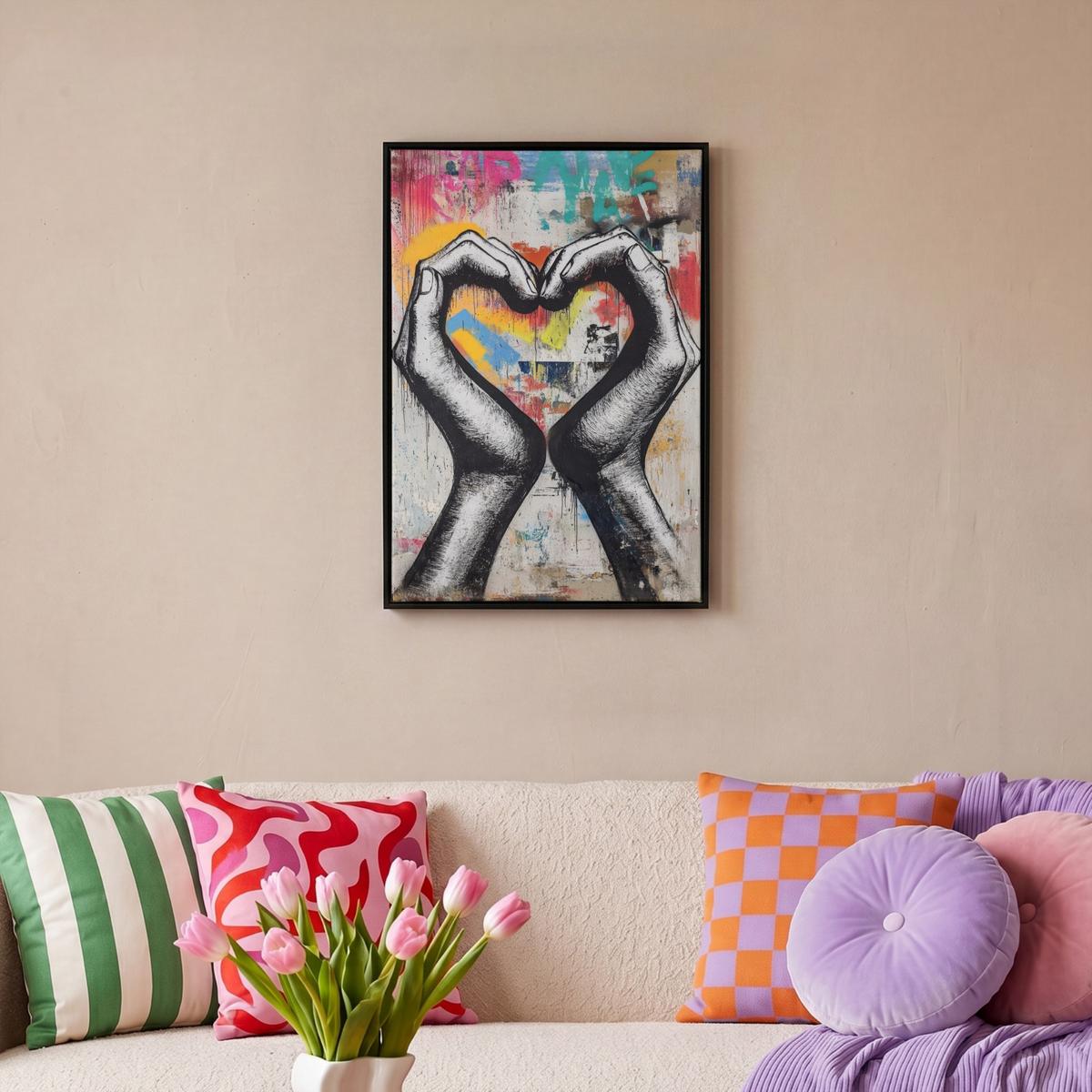 LEINWAND Bilder mit Rahmen - Hände - Herz - Straßenkunst - Graffiti - 40x60 - Multicolor, Textil (40/60cm) - MuchoWow