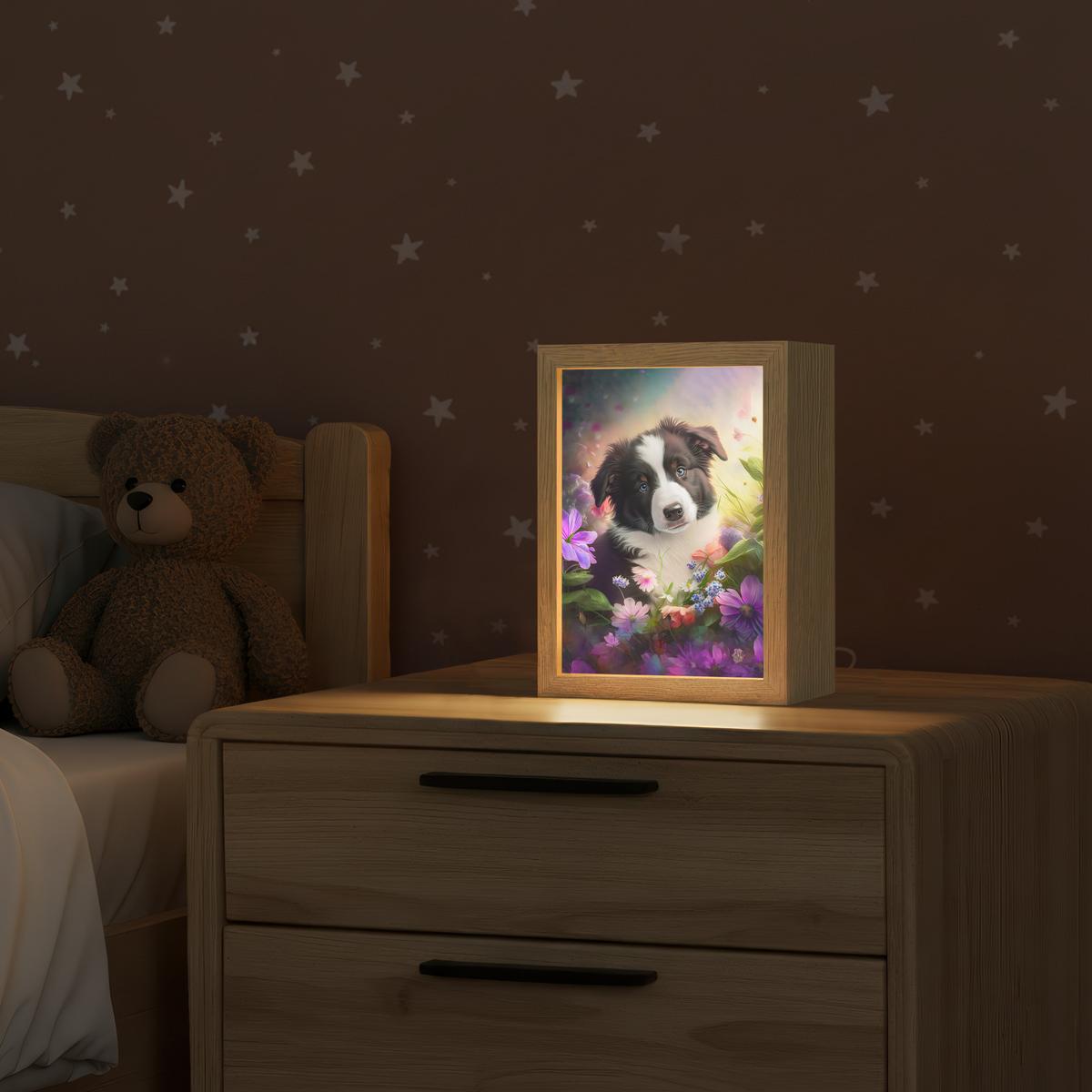 NACHTTISCHLAMPE Welpe - Sonne - Blumen - Natur - Border Collie - Hund 15x20 cm - Violett, Holzwerkstoff (8/15/20cm) - OnlyWow