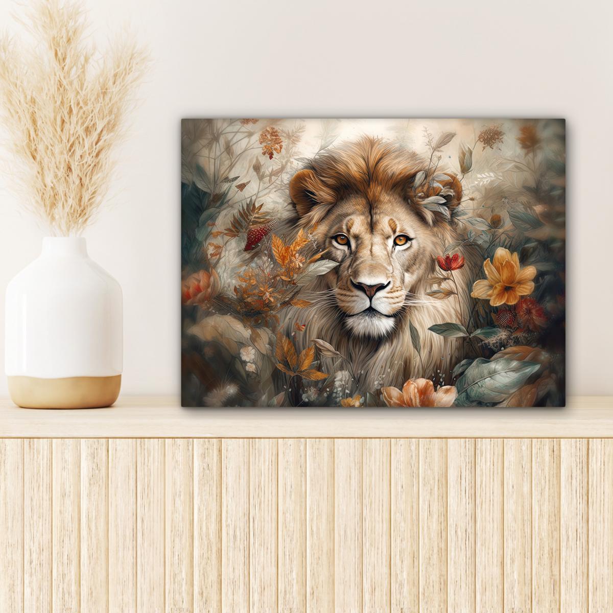LEINWANDBILD Löwe - Wildtiere - Pflanzen - Natur - Blumen Wandbild 40x30 cm - Beige, Textil (40/30cm) - MuchoWow