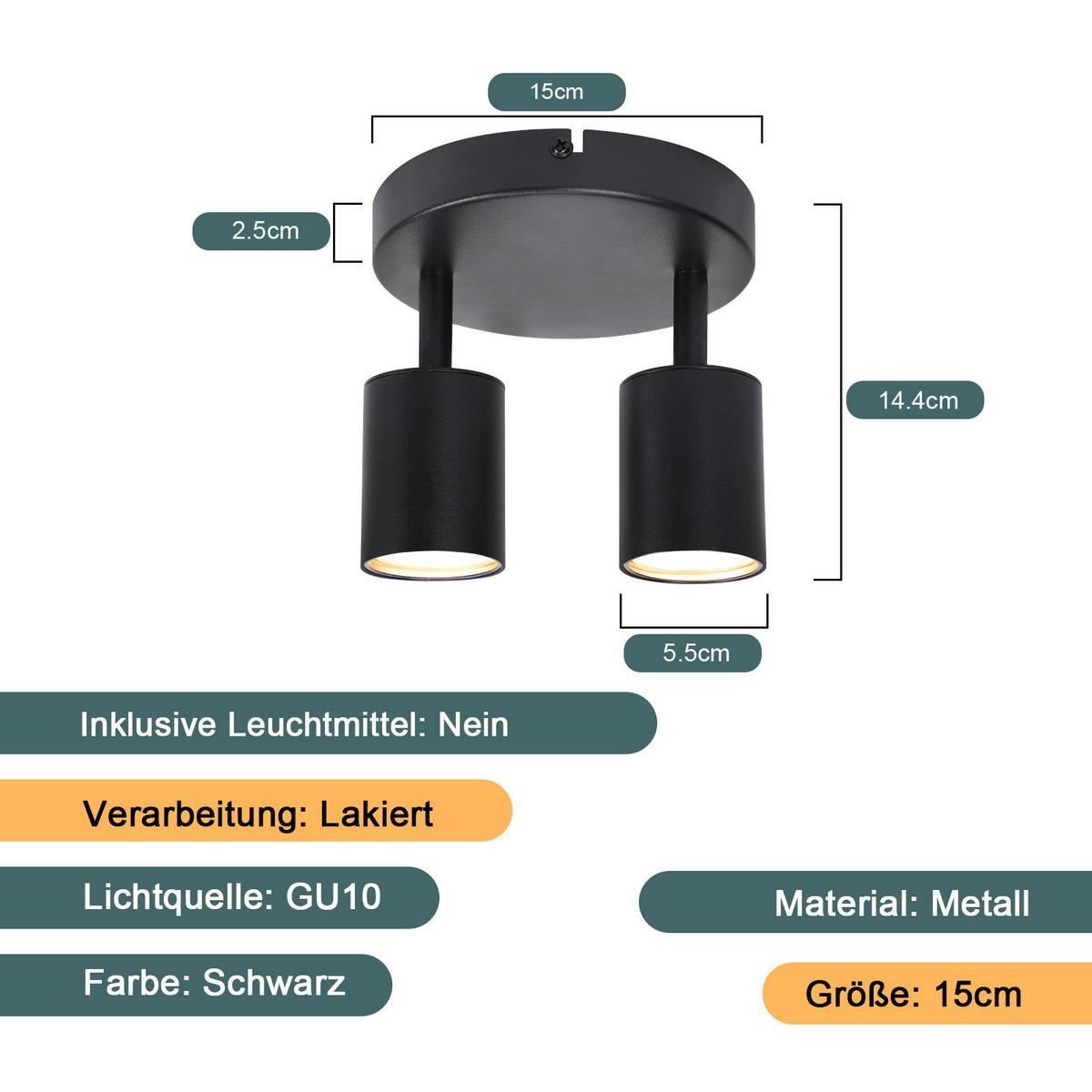 DECKENSTRAHLER Bayreuth 2-flammig 15/15/14.4 cm - Schwarz, Metall (15/15/14.4cm) - Nettlife