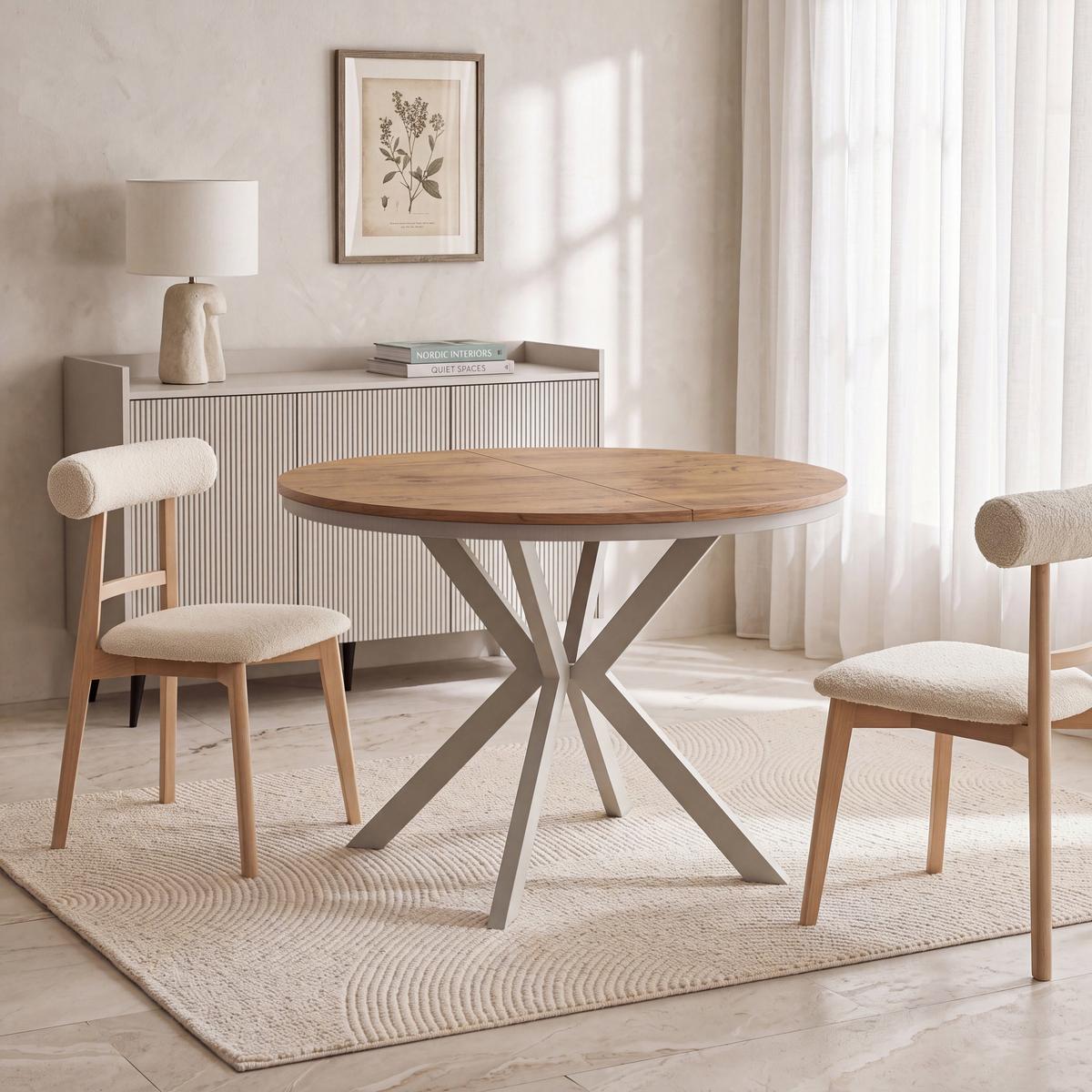ESSTISCH Valio Neo rund oval ausziehbar verlängerbar mit Metallbeinen in Kaschmir Grau, Eiche Hellbraun 100-140/100/76 cm - Kaschmir/Eichefarben, Holzwerkstoff/Metall (100/140/76cm) - WFL GROUP