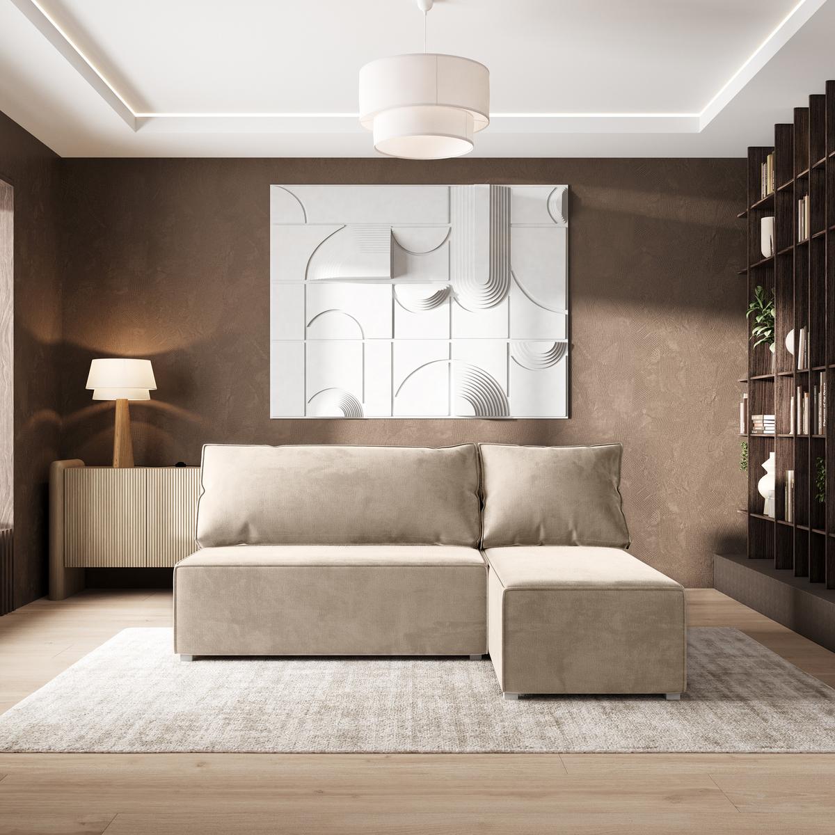 ECKSOFA BRISO M Creme Velours-Stoff mit Schlaffunktion - Creme/Grau, Holz/Kunststoff (200/140cm) - MASSENO