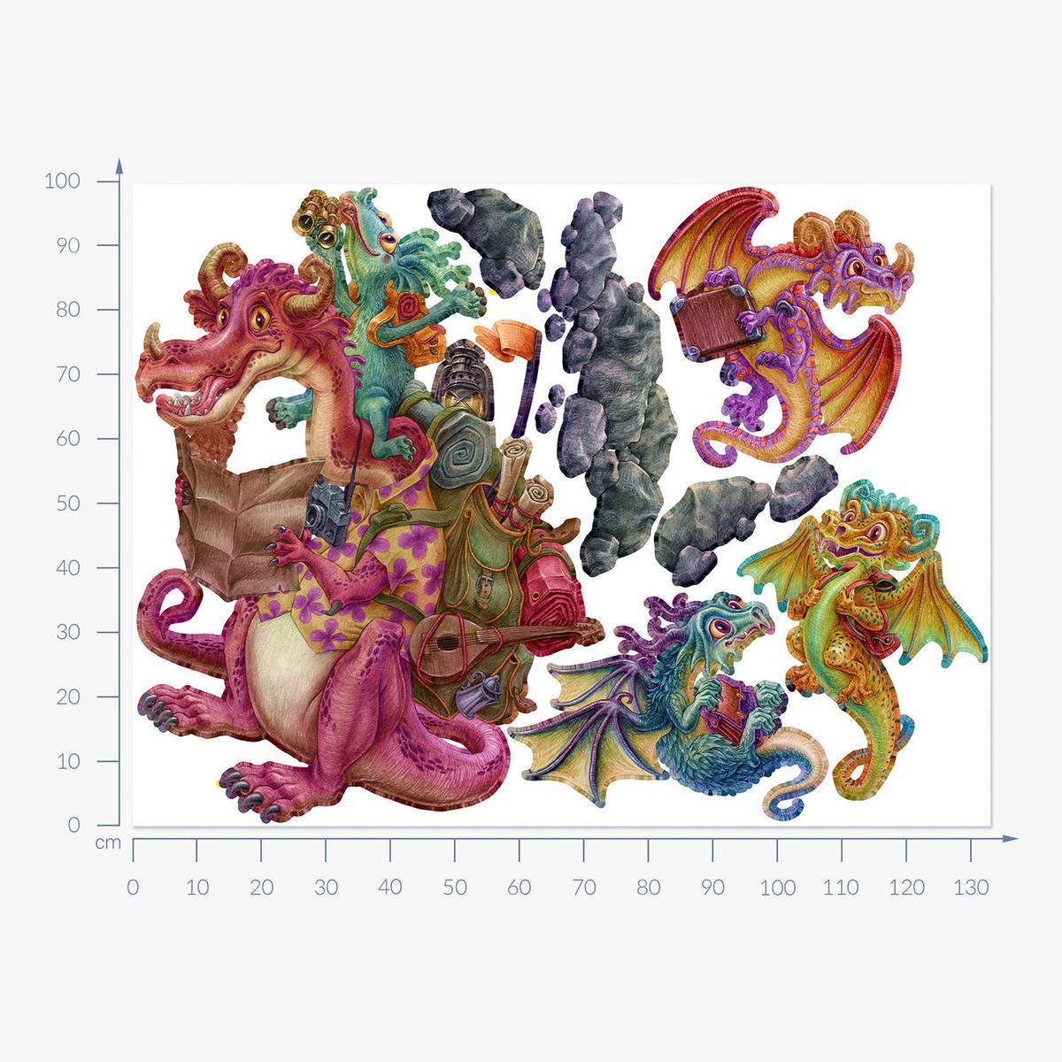 WANDAUFKLEBER 100x134cm - Drachen-Märchenfamilie - Multicolor, Kunststoff (100/134/0.1cm) - Wallfluent