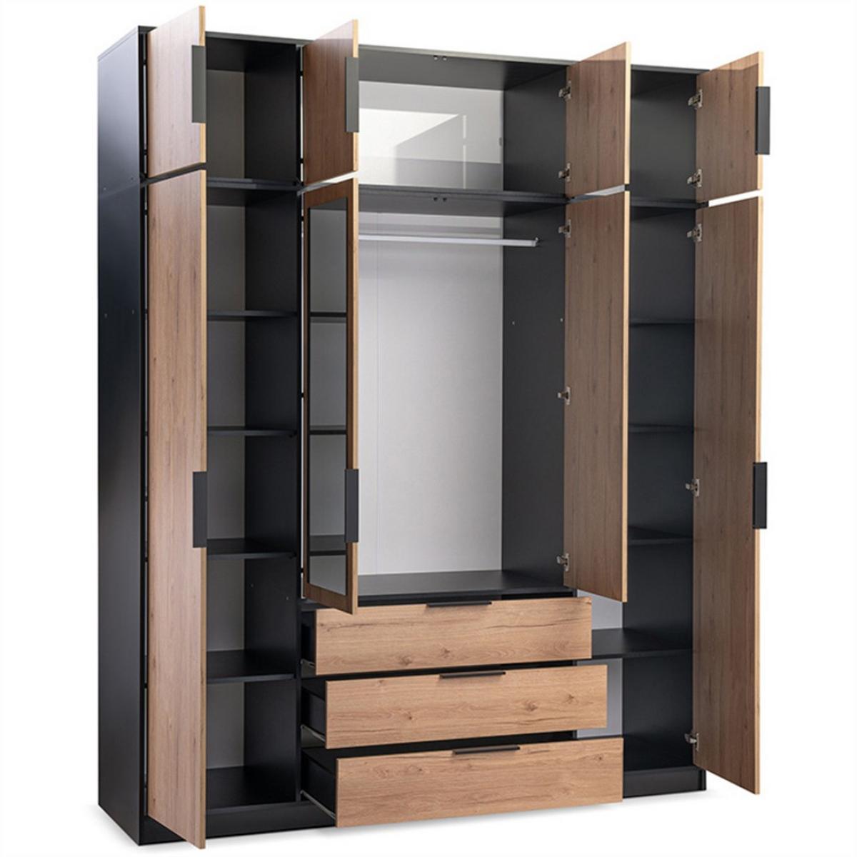 DREHTÜRENSCHRANK Livo mit 4 Türen und 3 Schubladen, eiche Viking+Schwarz, 200 cm - Eichefarben/Schwarz, Holzwerkstoff (196/200/57cm) - Beautysofa