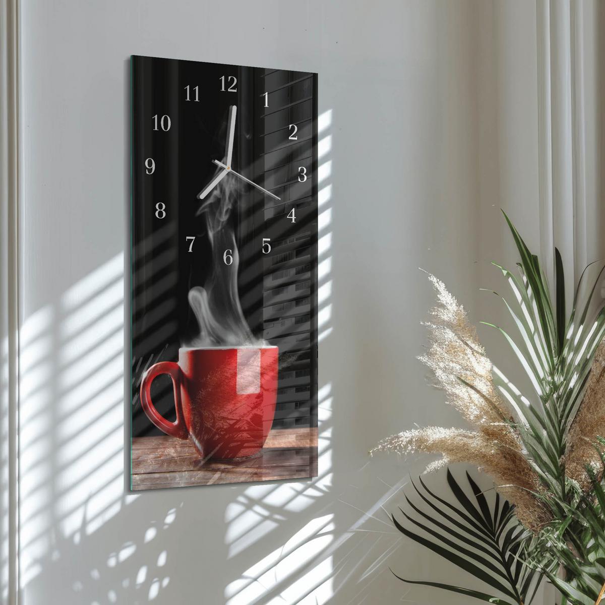 WANDUHR aus Glas 30x60 cm - Tasse Kaffee - Rot, Glas (30/60/0.4cm) - TULUP