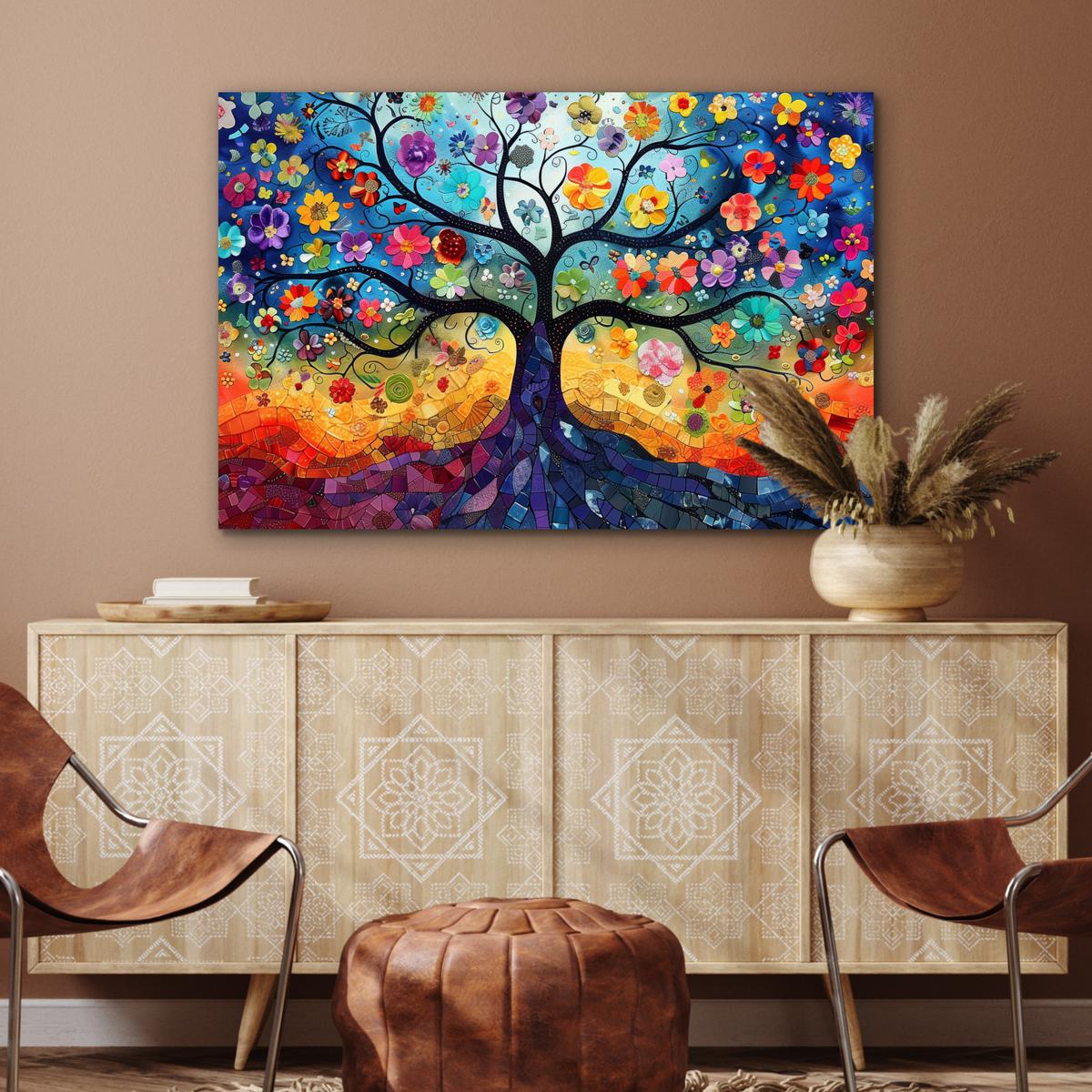 METALLBILD Kunst - Baum des Lebens - Blumen - Hippie Deko Groß 120x80 cm - Dunkelblau, Metall (120/80cm) - MuchoWow