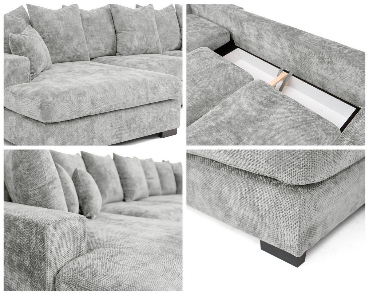 WOHNLANDSCHAFT Dahlia mit Schlaffunktion und Bettkasten in U-Form - Hellgrau Chenille 373/92/155 cm - Hellgrau/Schwarz, Kunststoff/Textil (373/92/155cm) - WFL GROUP