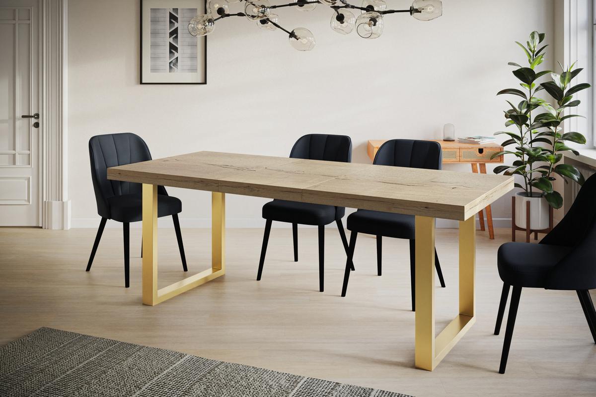 INDUSTRIELLER Esszimmertisch LOFT-U, ausziehbarer Tisch, Größe: 160-260X90X77 cm, Wohnzimmertisch Farbe: HALIFAX, mit Metallbeinen in Farbe Gold - Goldfarben/Naturfarben, Holzwerkstoff (160/90/77cm) - Alpi-Möbel