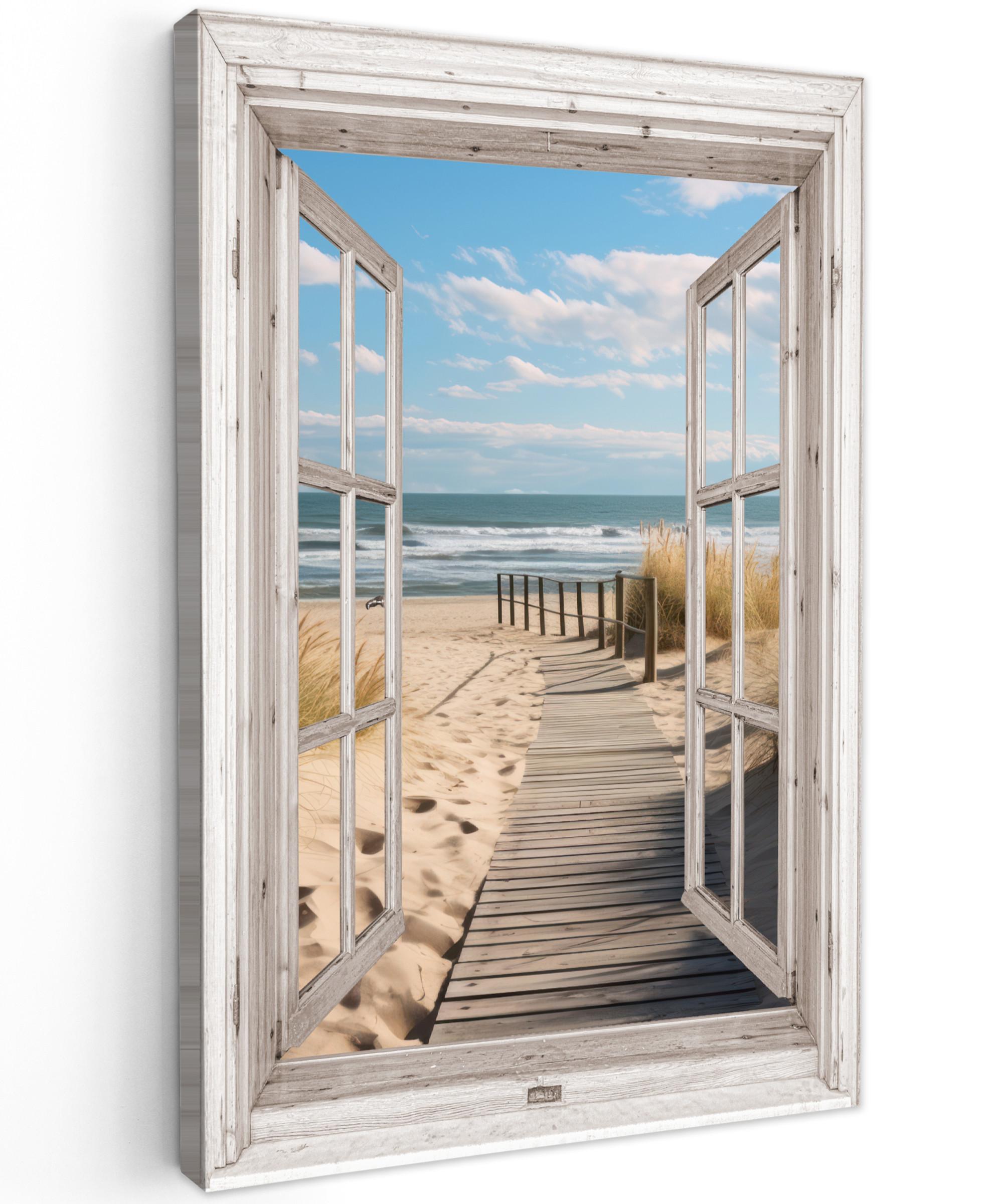 LEINWANDBILD Fenster - Meer - Küste - Natur - Ausblick - Strand - Wattenmeer Deko XXL 80x120 cm - Beige, Textil (80/120cm) - MuchoWow