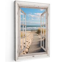 LEINWANDBILD Fenster - Meer - Küste - Natur - Ausblick - Strand - Wattenmeer Deko XXL 80x120 cm - Beige, Textil (80/120cm) - MuchoWow