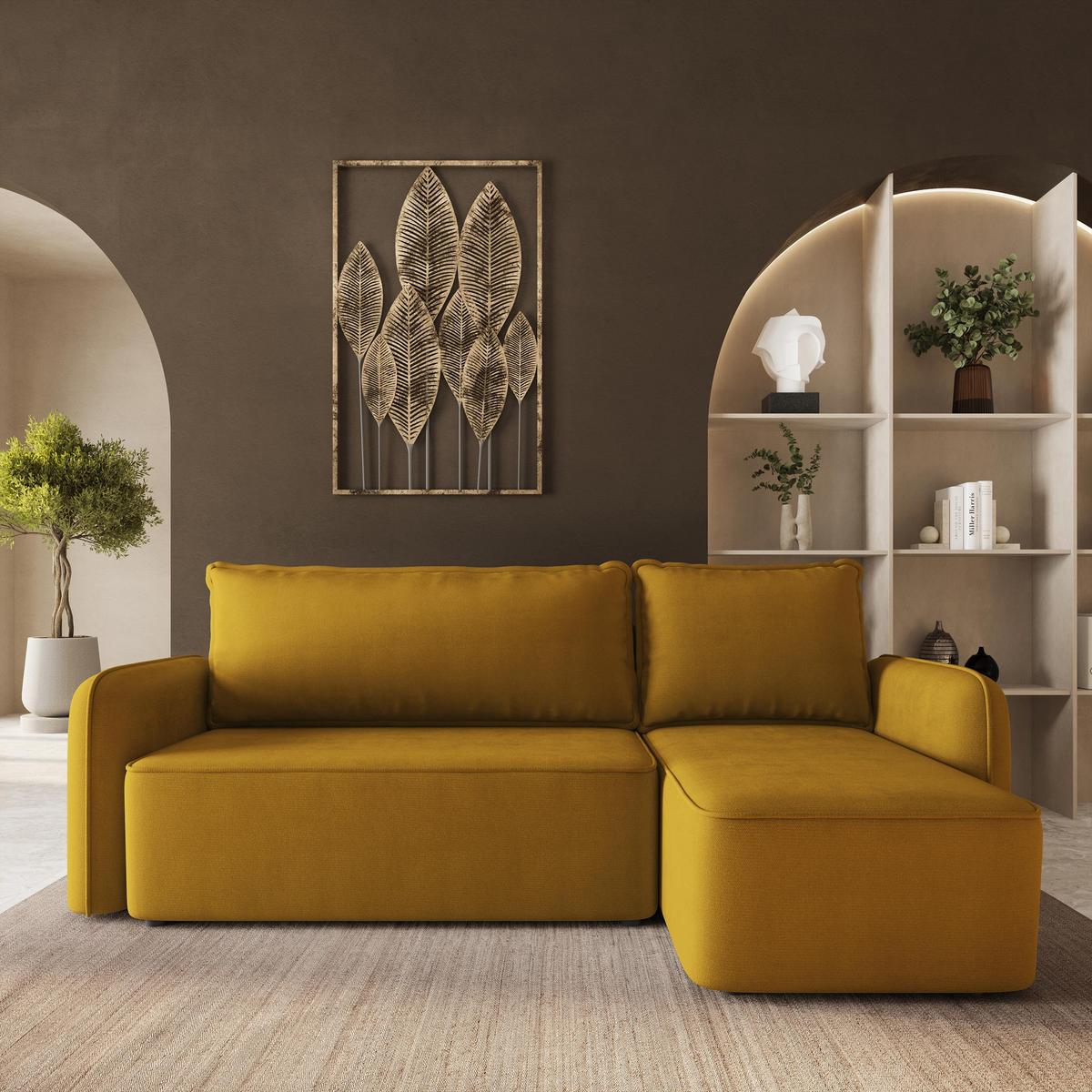 ECKSOFA DOLVER Gelb Plüsch-Stoff mit Schlaffunktion - Gelb, Holz (238/156cm) - MASSENO