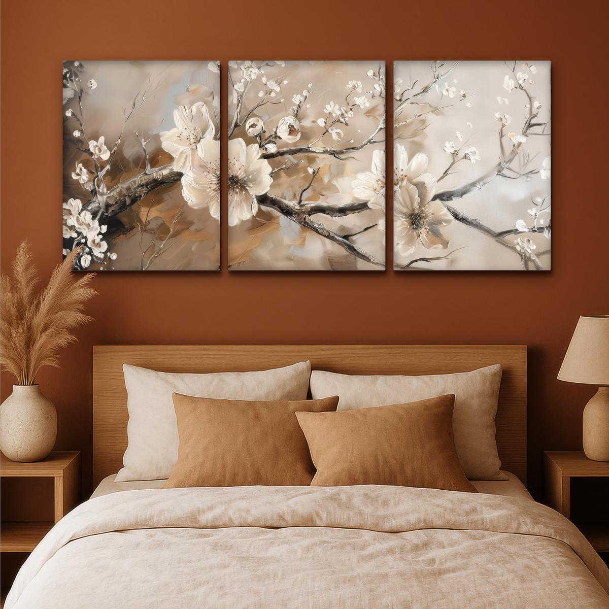 LEINWANDBILD 3er Set Blüte - Beige - Abstrakt - Blumen 180x80 cm - Hellbraun, Textil (180/80cm) - MuchoWow