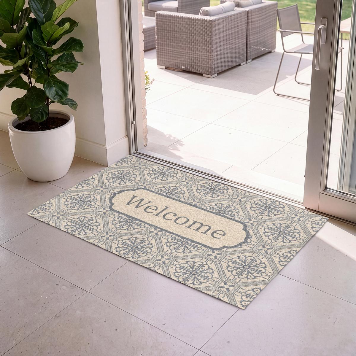 FUSSMATTE Willkommen - Klassisch - Grau Flurteppich 120x80 cm - Beige, Kunststoff (120/0.4cm) - MuchoWow