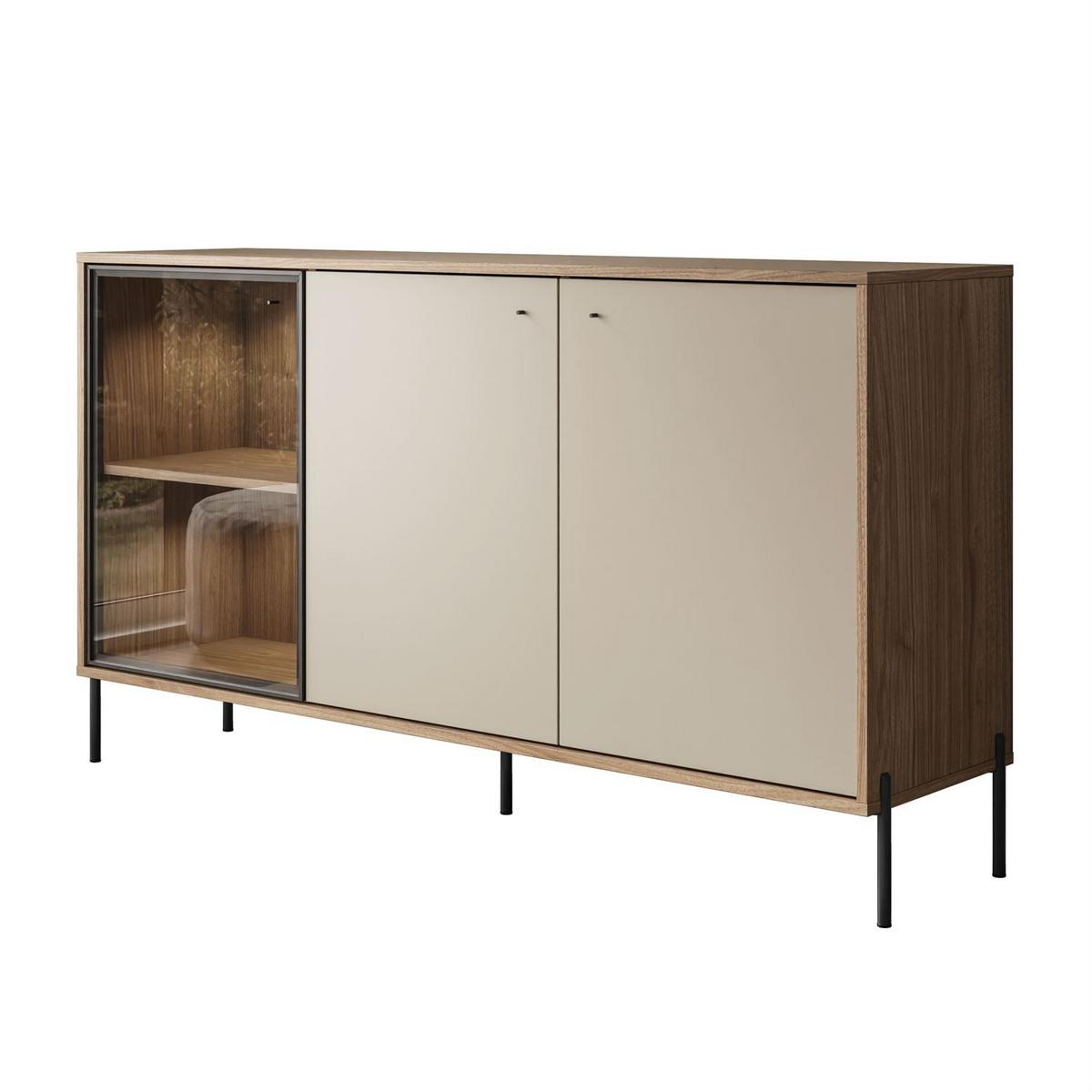 KOMMODE ISA 3D, dreitürig mit LED-Beleuchtung auf hohen Beinen. - Eichefarben, Holzwerkstoff (151/85/40cm) - Lookway