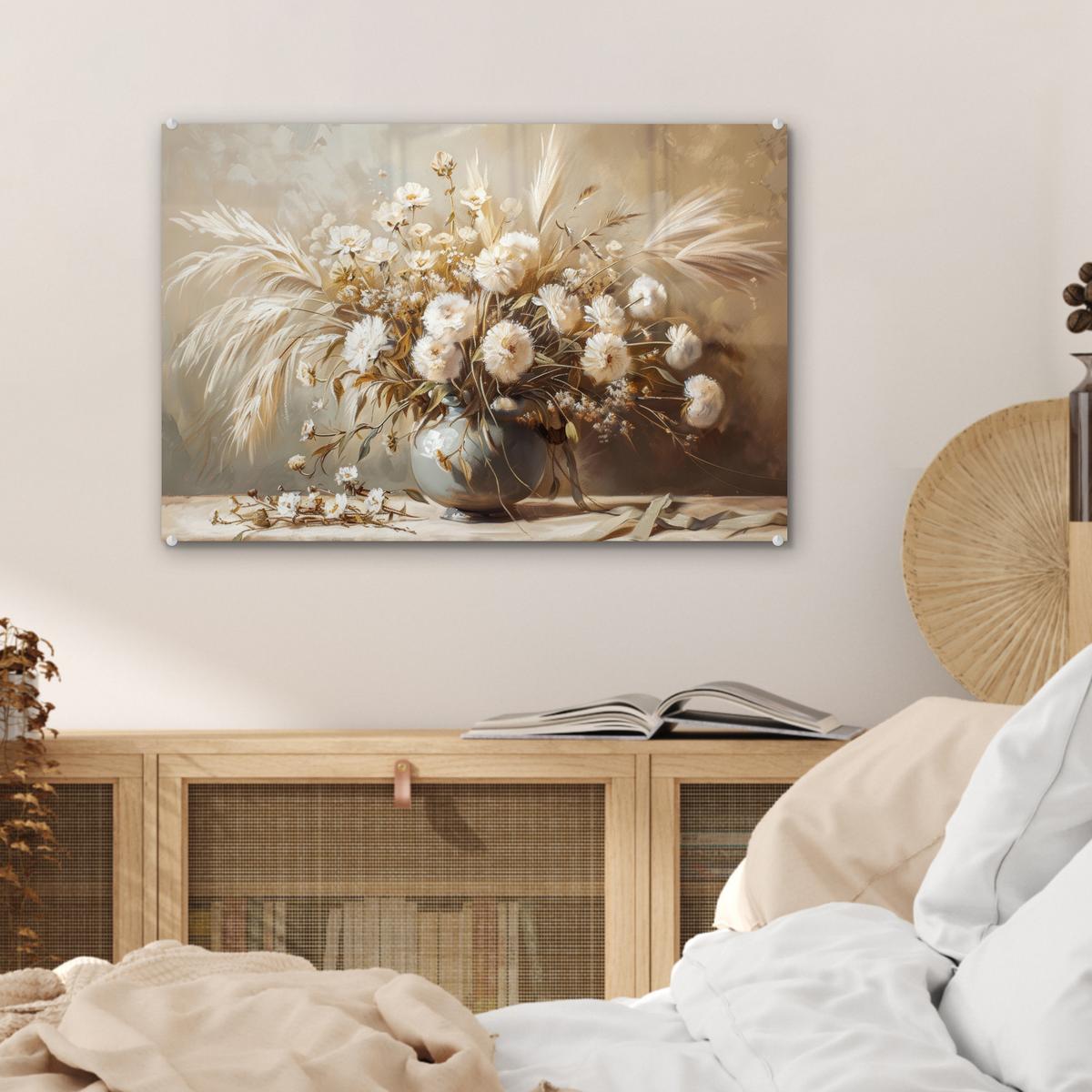 ACRYLGLASBILD Blumen - Vase - Stilleben - Beige Wanddeko 60x40 cm - Creme, Glas (60/40cm) - MuchoWow