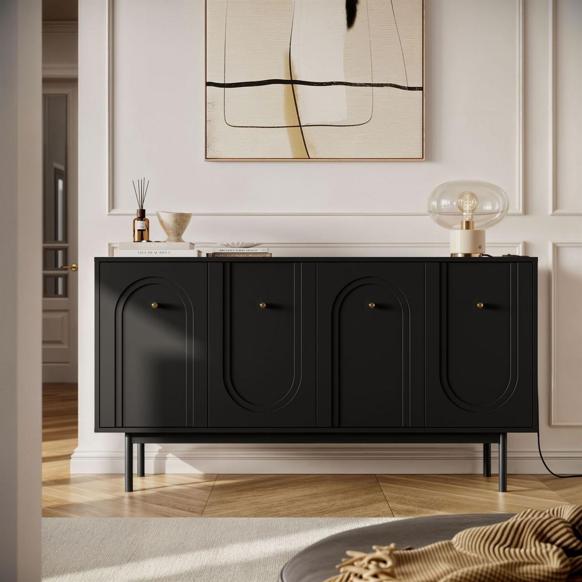 SIDEBOARDS LIBERTY 4D auf Holzbeinen schwarz - Schwarz, Holzwerkstoff (154/82/39cm) - Lookway
