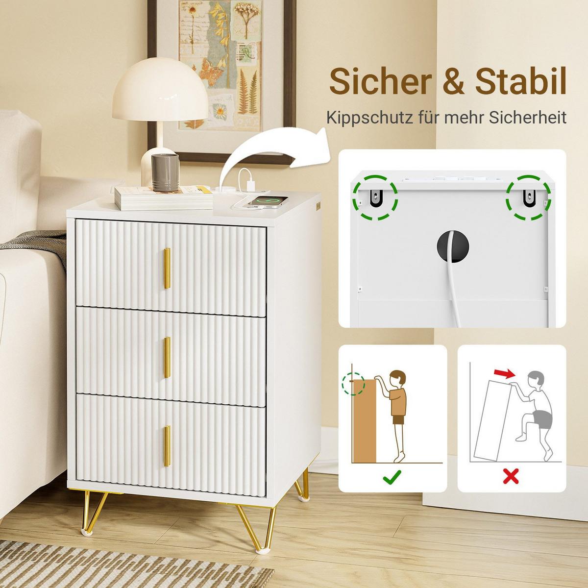 NACHTTISCH mit Ladefunktion und 3 schubladen, weiß 40x40x63,5cm - Weiß, Holzwerkstoff (40/64/40cm) - SoBuy