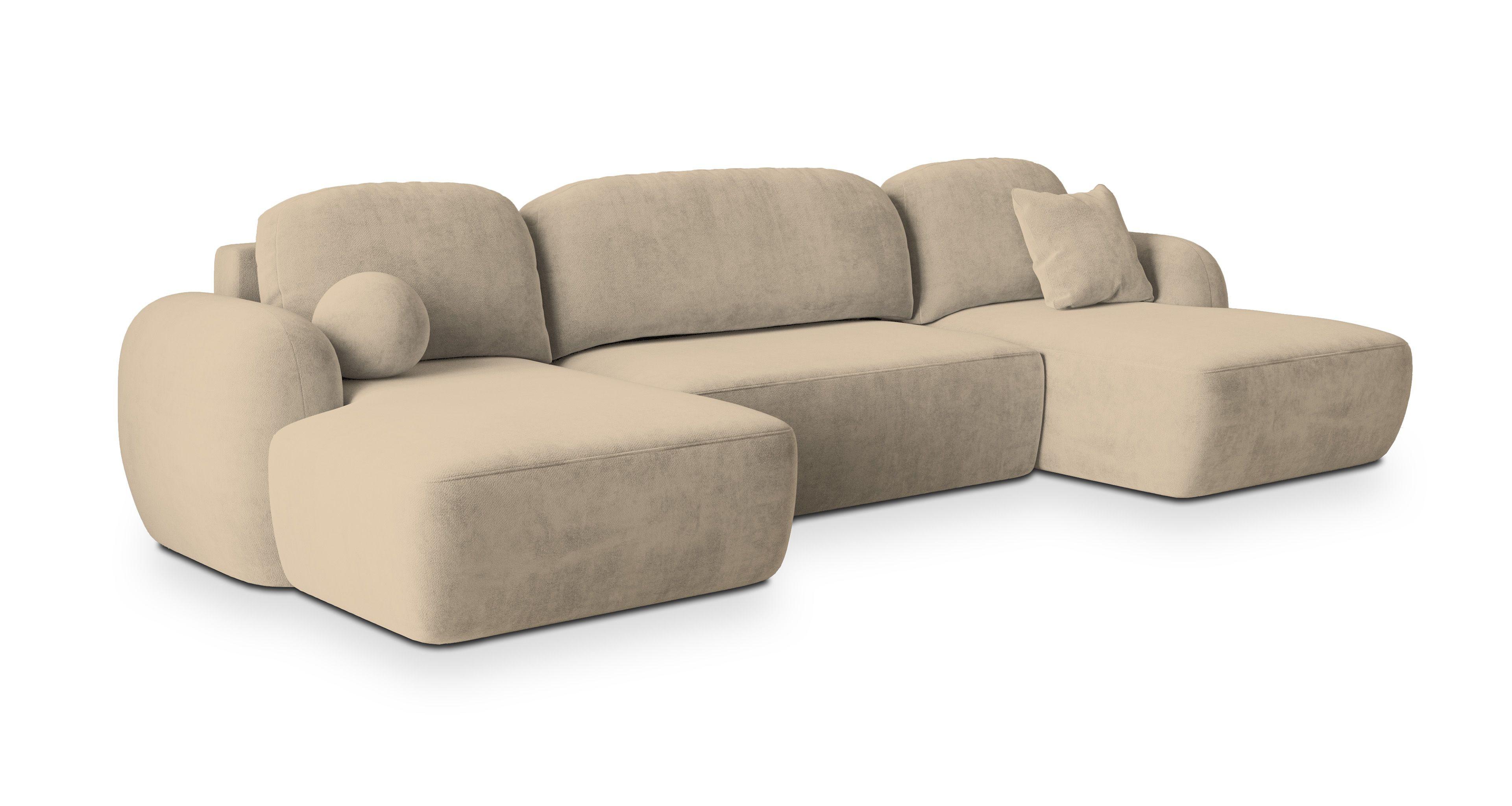WOHNLANDSCHAFT SAVONA K Beige Plüsch-Stoff mit Schlaffunktion - Beige/Schwarz, Holz/Kunststoff (320/90/148cm) - MASSENO