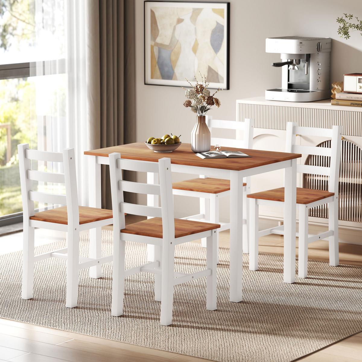 ESSGRUPPENSET, Esstisch, 4 Stühle, Esszimmerset, Kiefernholz, Braun+Weiß - Braun/Weiß, Holz (65/75/108cm) - HOMCOM