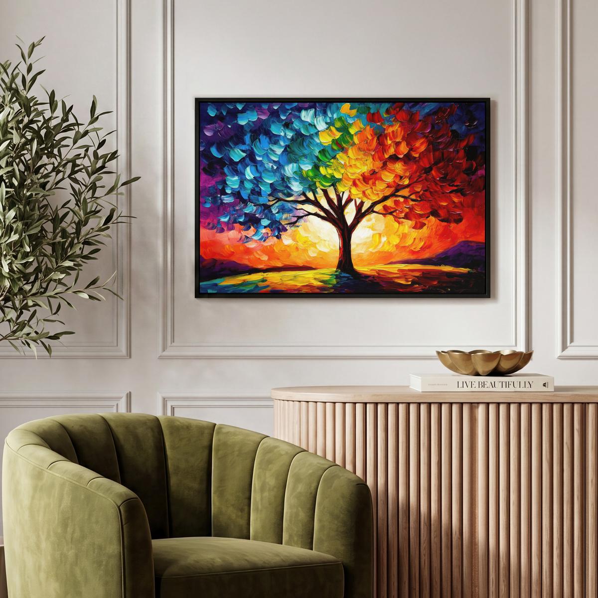 LEINWAND Bilder mit Rahmen - Baum - Kunst - Natur - Sonnenuntergang - 60x40 - Multicolor, Textil (60/40cm) - MuchoWow