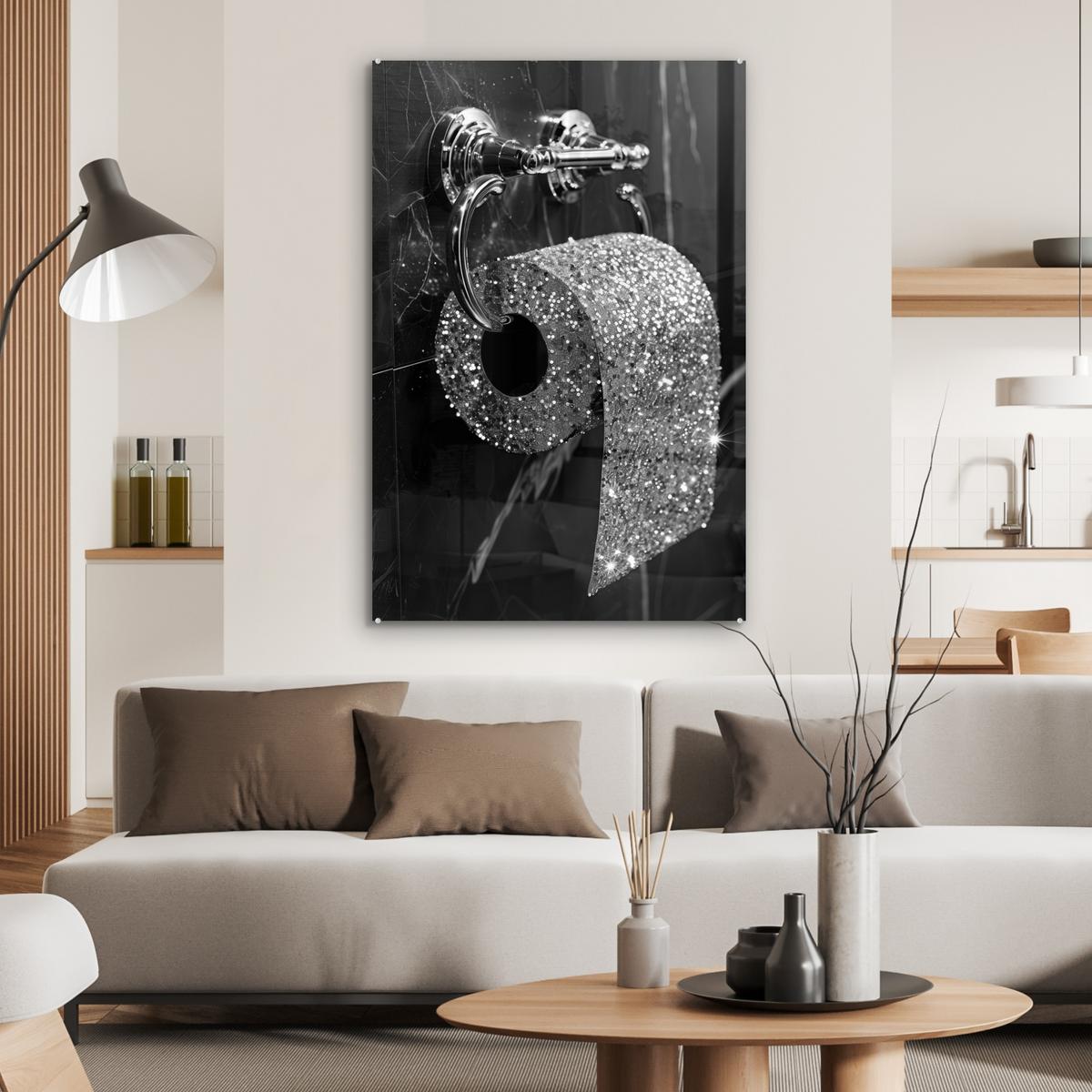 ACRYLGLASBILD WC - Toilettenpapier - Schwarz und weiß - Glitter 80x120 cm - Silberfarben, Glas (80/120cm) - MuchoWow