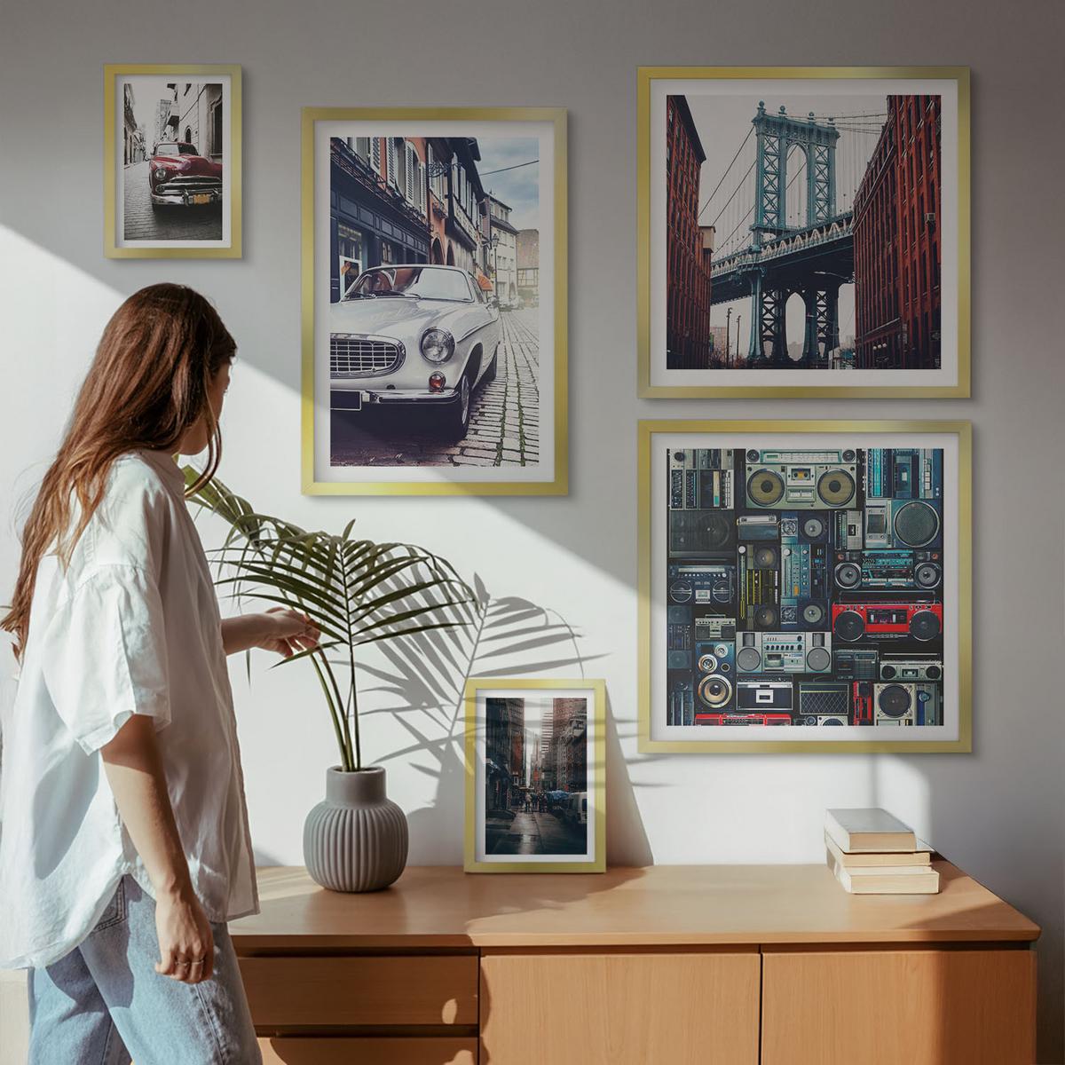 BILDER SET 5er Set - 50x50 cm & 20x30 cm & 40x60 cm Goldrahmen - Old Cars Brooklyn Retro-Audio - Goldfarben, Kunststoff (40/60cm) - TULUP