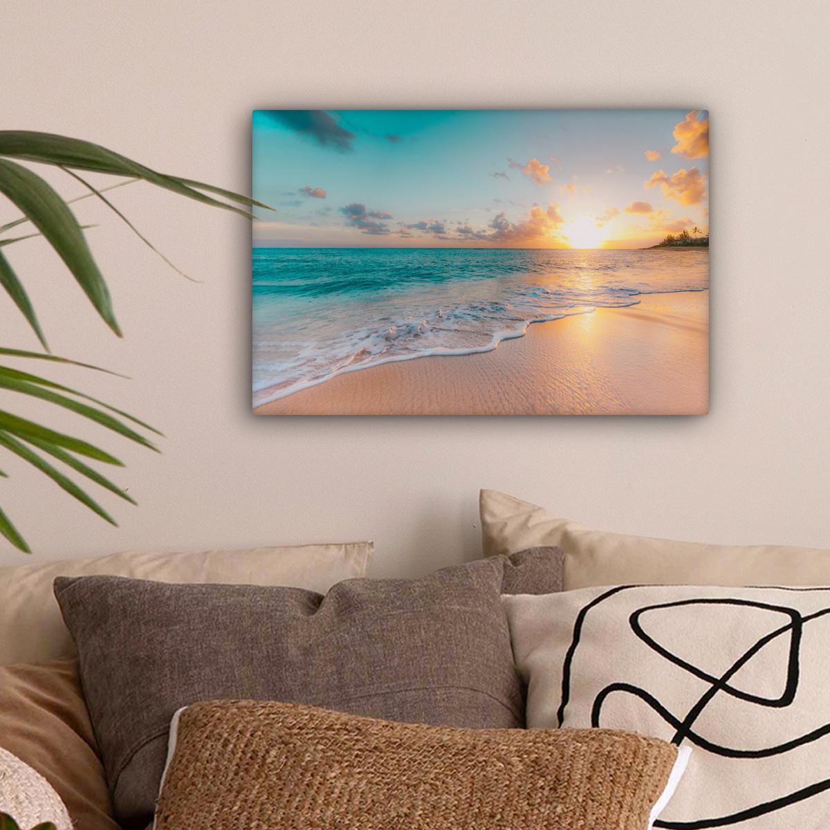 LEINWANDBILD Sonnenuntergang - Strand - Meer - Sommer - Blau Deko Schlafzimmer 30x20 cm - Multicolor, Textil (30/20cm) - MuchoWow