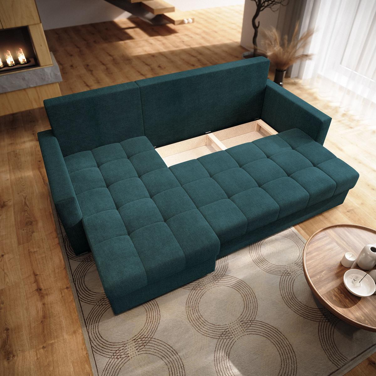 ECKSOFA NIDA Petrol Geflochtener Stoff mit Schlaffunktion - Petrol, Holz (220/143cm) - MASSENO