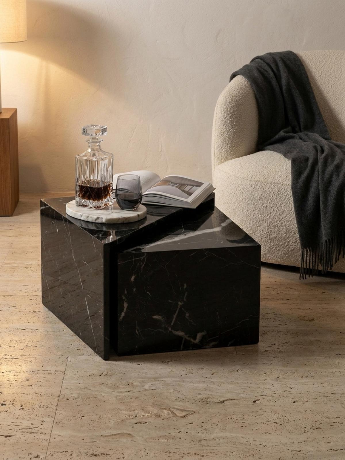 COUCHTISCH 2er Set Hochglanz Marmoroptik Verschachtelbar MONOBLOC, Schwarz 50x50x42 cm - Schwarz, Holzwerkstoff (50/50/42cm) - KADIMA DESIGN