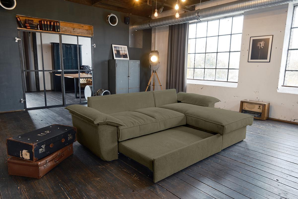 ECKSOFA DAMETO Grün Cord Mit Schlaffunktion - Schwarz/Olivgrün, Kunststoff/Textil (266/174cm) - KAWOLA