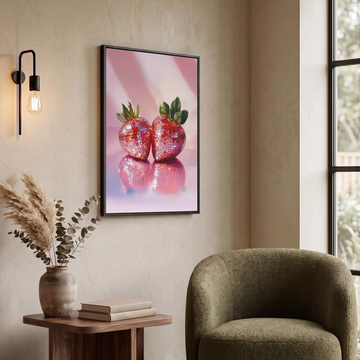 LEINWAND Bilder mit Rahmen - Disco - Obst - Glitzer - Erdbeere - 60x80 - Pink, Textil (60/80cm) - MuchoWow
