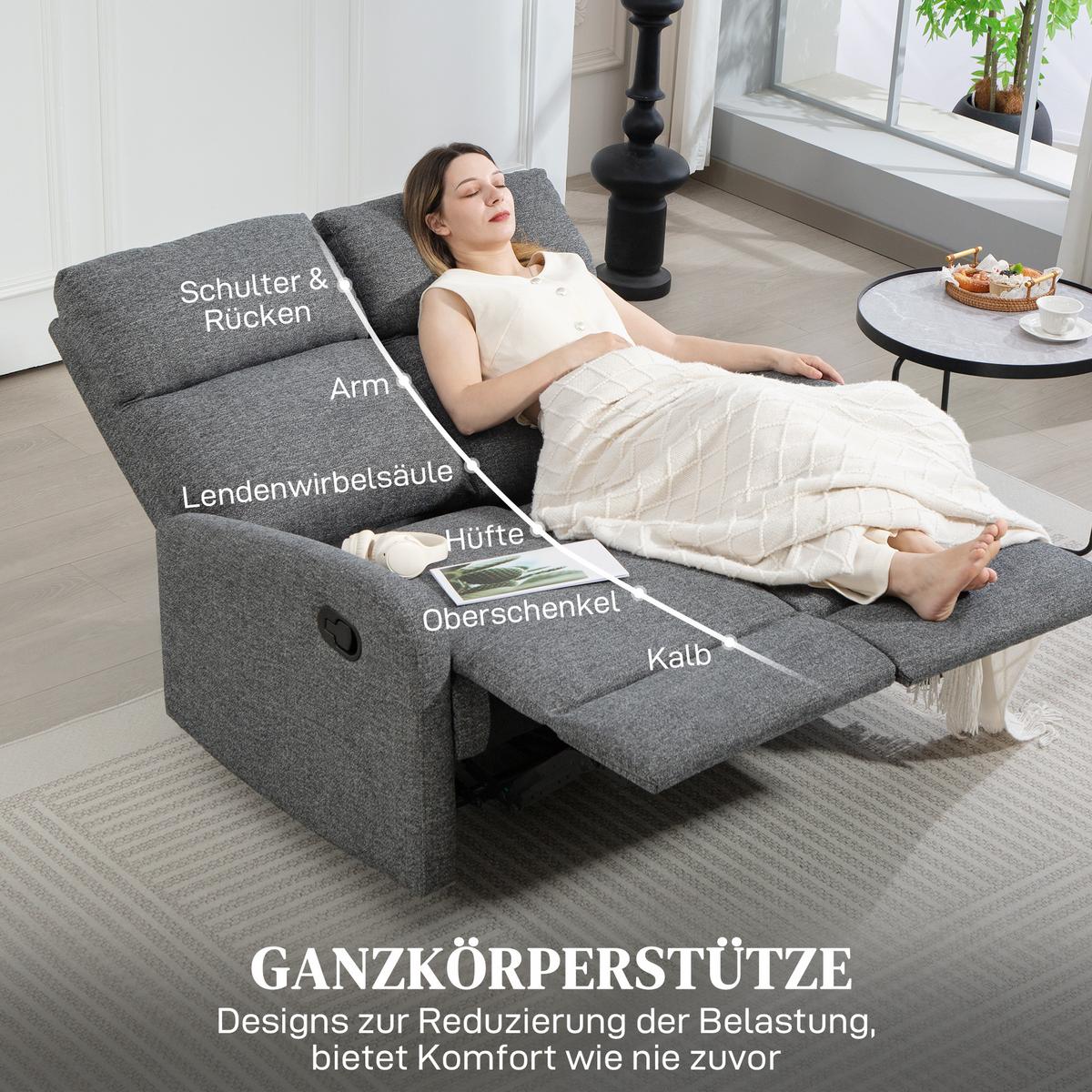 2-SITZER Relaxsessel Fernsehsessel Liegesessel mit Liegefunktion Chenille-Optik - Schwarz/Grau, Textil/Metall (91/98/114cm) - HOMCOM