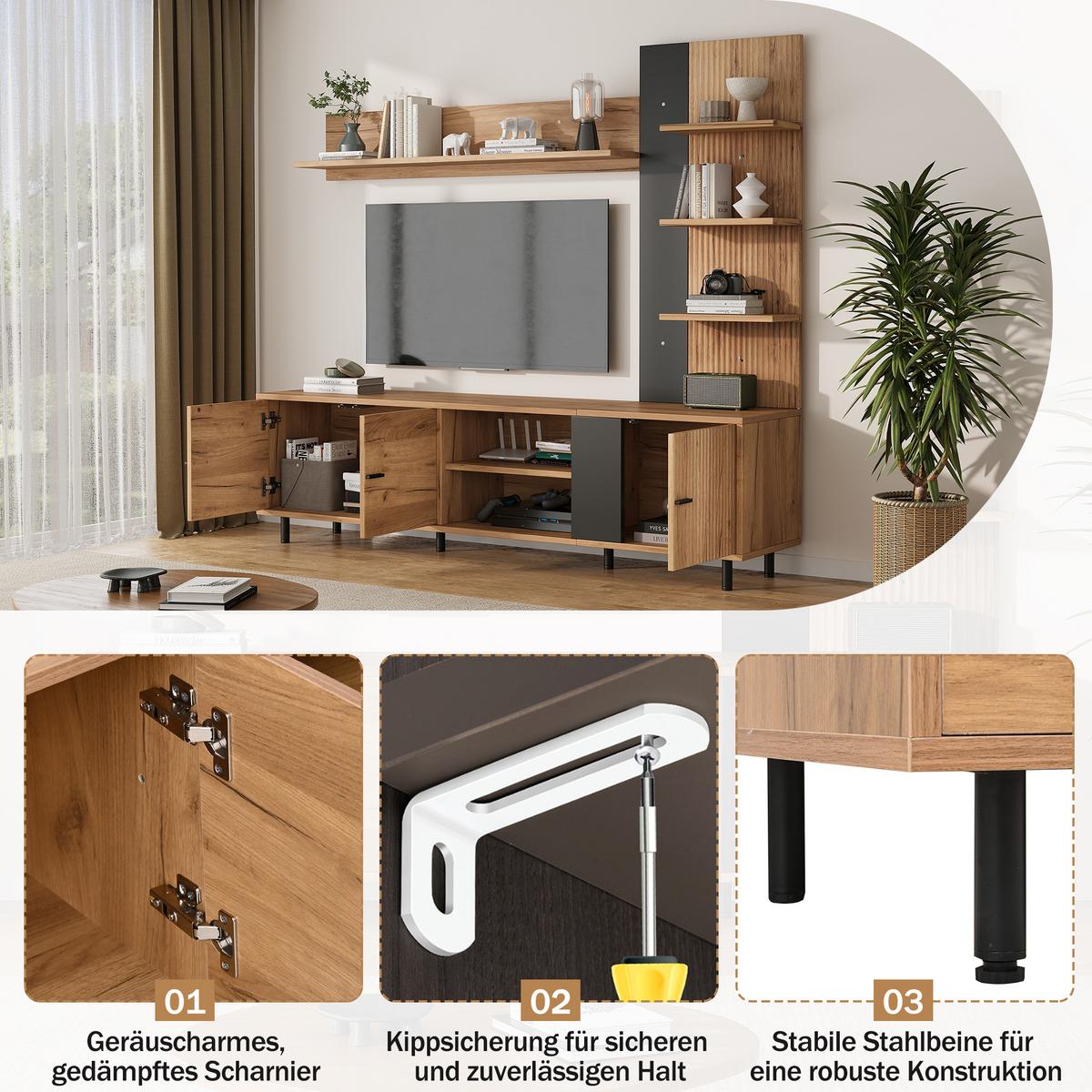 TV LOWBOARD set holz schwarz modern stauraum - Naturfarben, Holzwerkstoff (187.5/167/40cm) - Urban Meuble