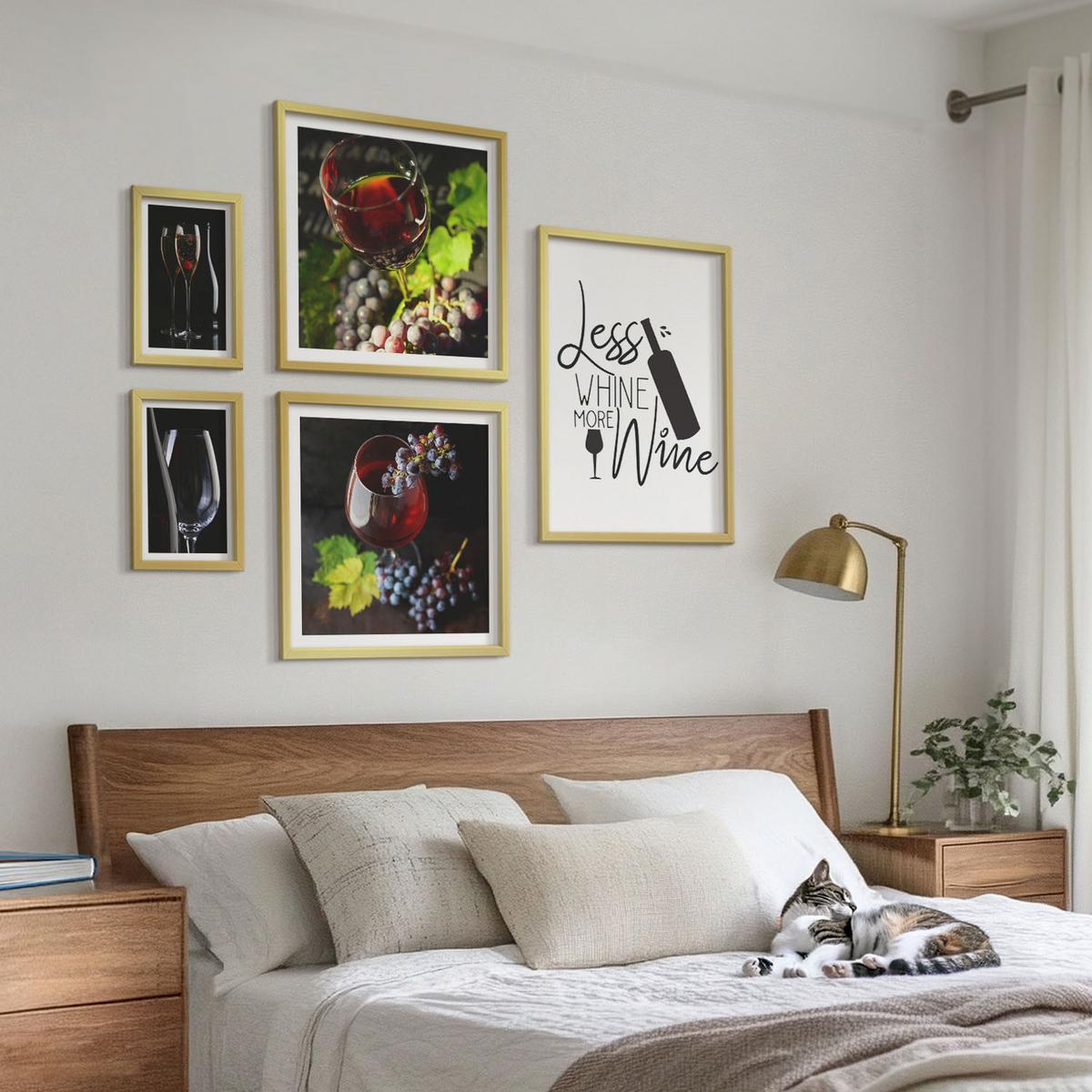 BILDER SET 5er Set - 50x50 cm & 20x30 cm & 40x60 cm Goldrahmen - Weingläser mit Trauben und Inschrift - Goldfarben, Kunststoff (40/60cm) - TULUP