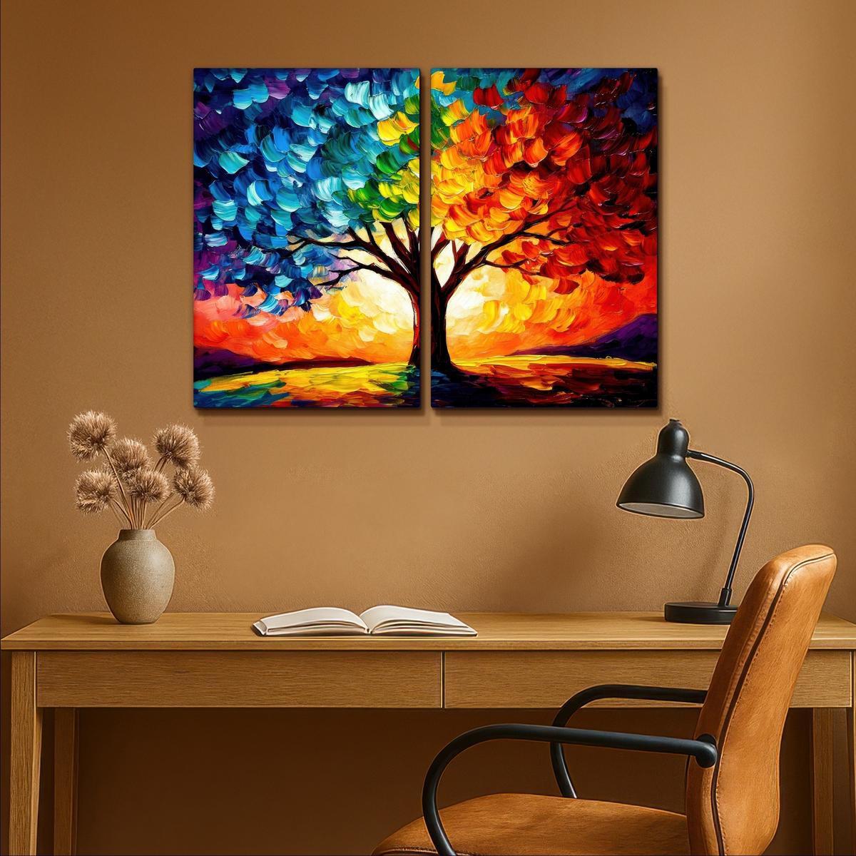 LEINWANDBILD 2er Set Baum - Farbenfroh - Malerei-Look - Abstrakt 80x60 cm - Multicolor, Textil (80/60cm) - MuchoWow