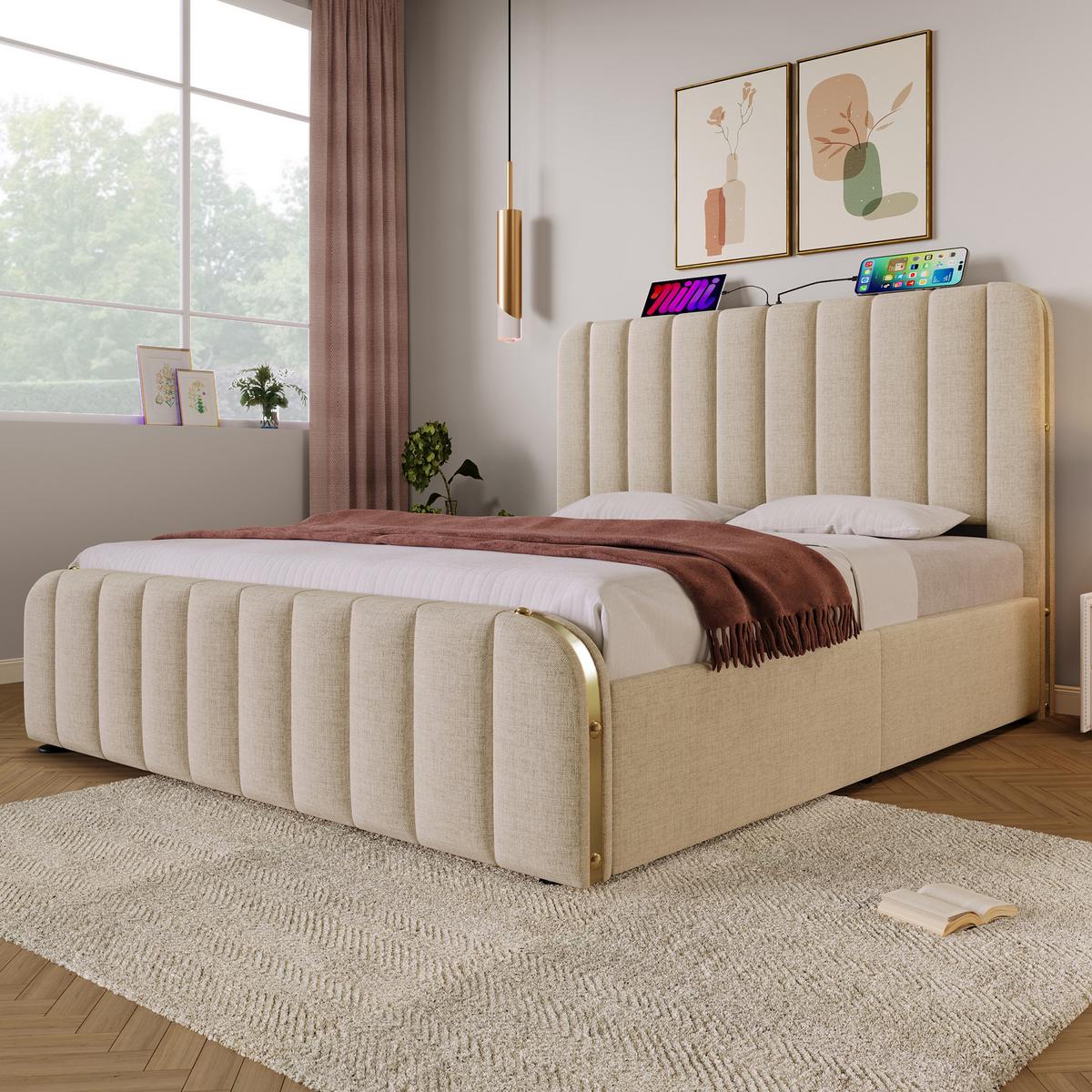POLSTERBETT 140x190 cm aus beigem leinen, mit 4 schubladen, usb-c und goldenen akzenten - Beige, Textil (140/190cm) - Urban Meuble