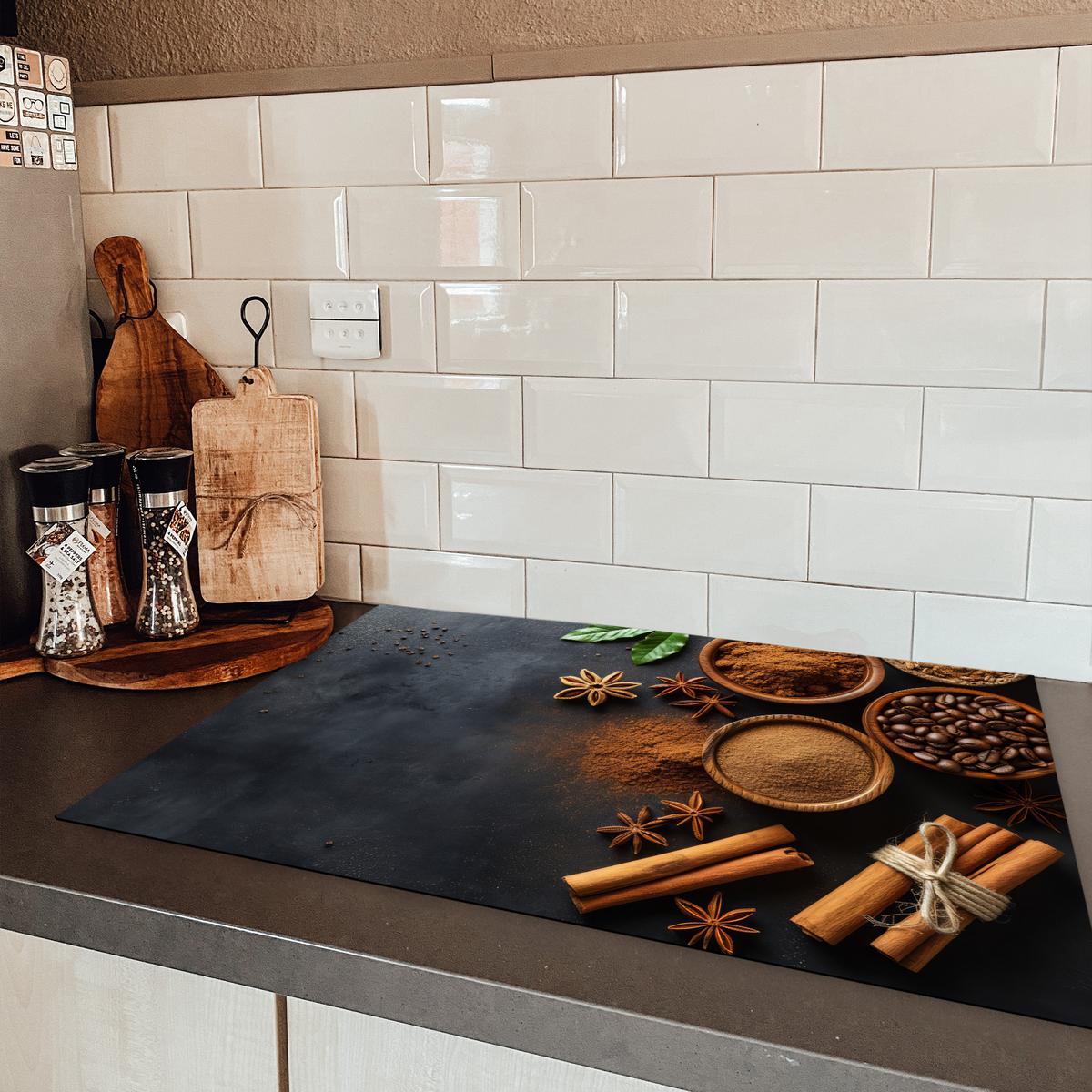 HERDABDECKPLATTE Zimt - Beton - Kaffee - Zimtstangen - Gewürze Ceranfeldabdeckung 76x51.5 cm - Mokka, Kunststoff (76/51.5/0.2cm) - MuchoWow