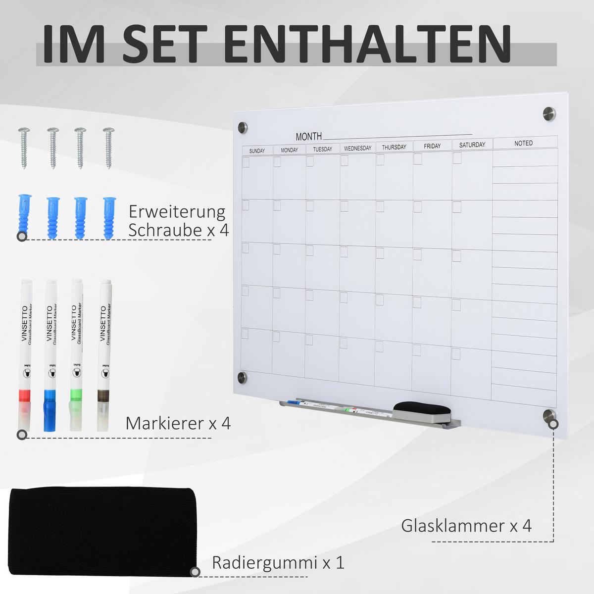 KALENDERTAFEL Glasplatte mit 4 Glasclip Planungstafel Zeitplan Weiß - Weiß, Kunststoff (60/0.2/90cm) - Vinsetto