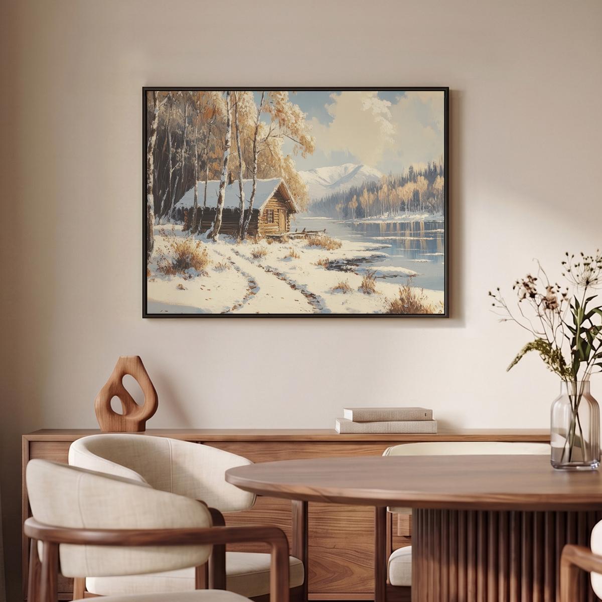 LEINWAND Bilder mit Rahmen - Winter - Schnee - Zuhause - Natur - 80x60 - Hellbraun, Textil (80/60cm) - MuchoWow